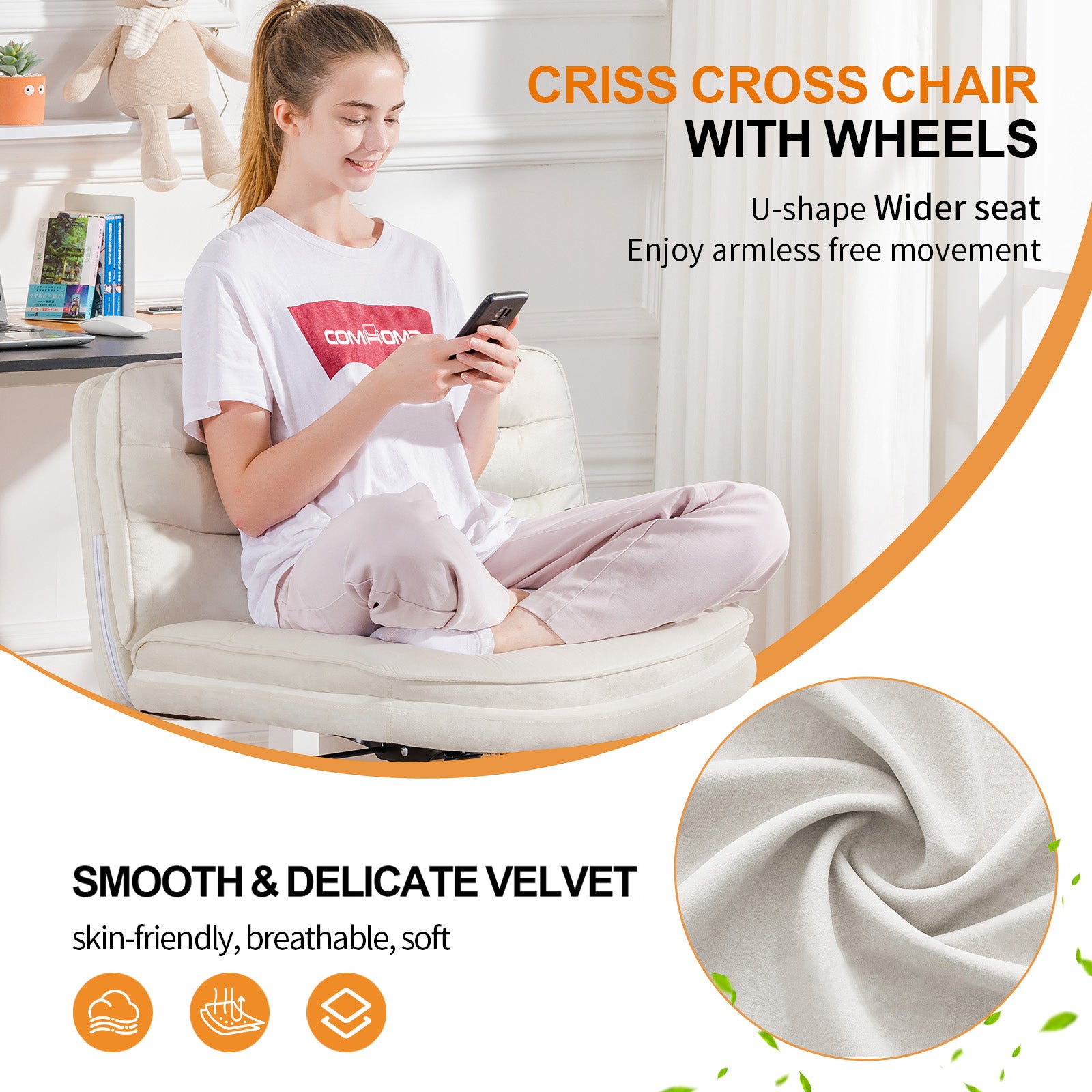 COMHOMA Armless Office Desk Chair with Wheels, PU Leather Padded Cross Legged Office Chair,WMT-CH310