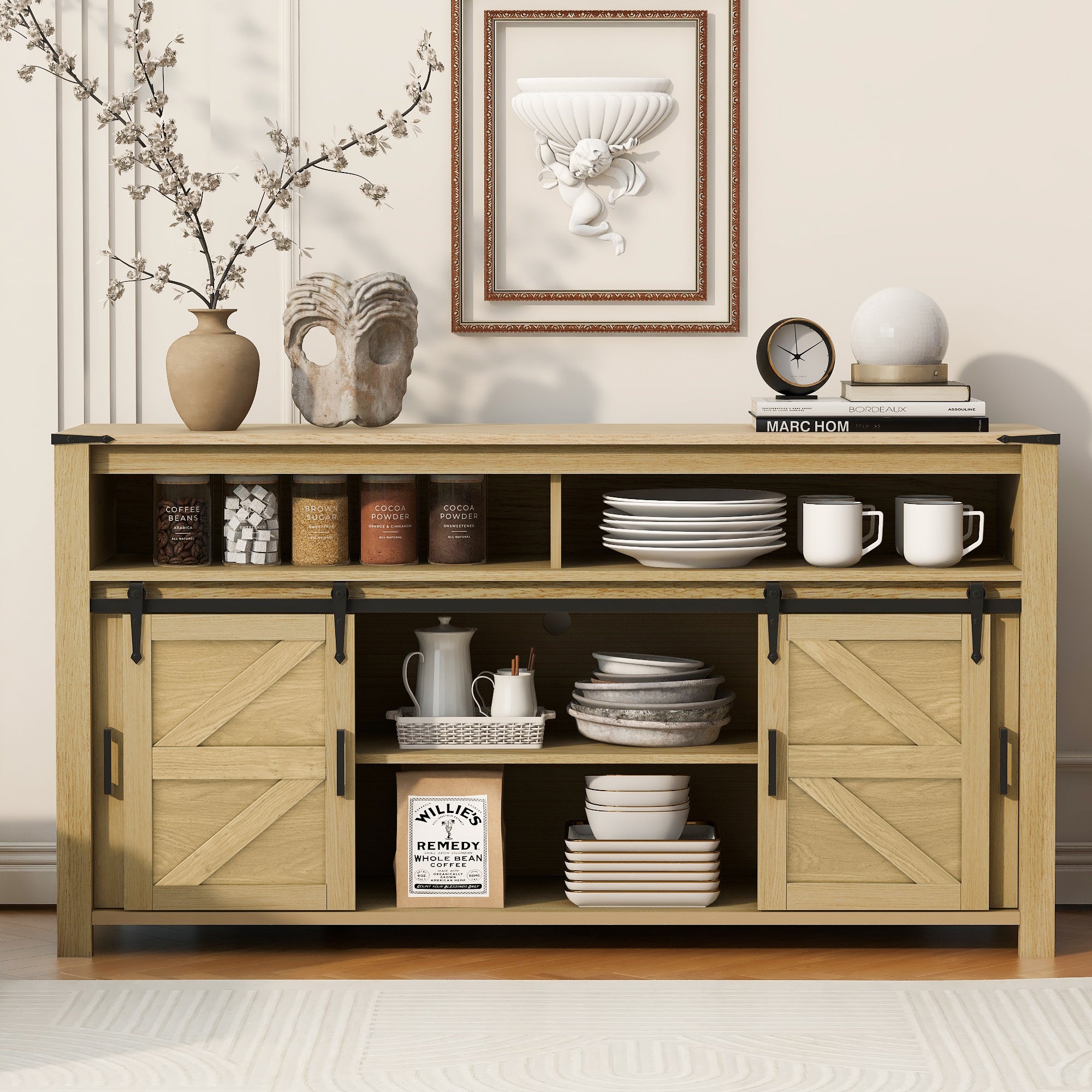 U_STYLE 59.3''Sideboard with Sliding Barn Door and Mesh Panels,Farmhouse Buffet with Open Storage,Suitable for Living Room, Hallway, Balcony,Kitchen, Office
