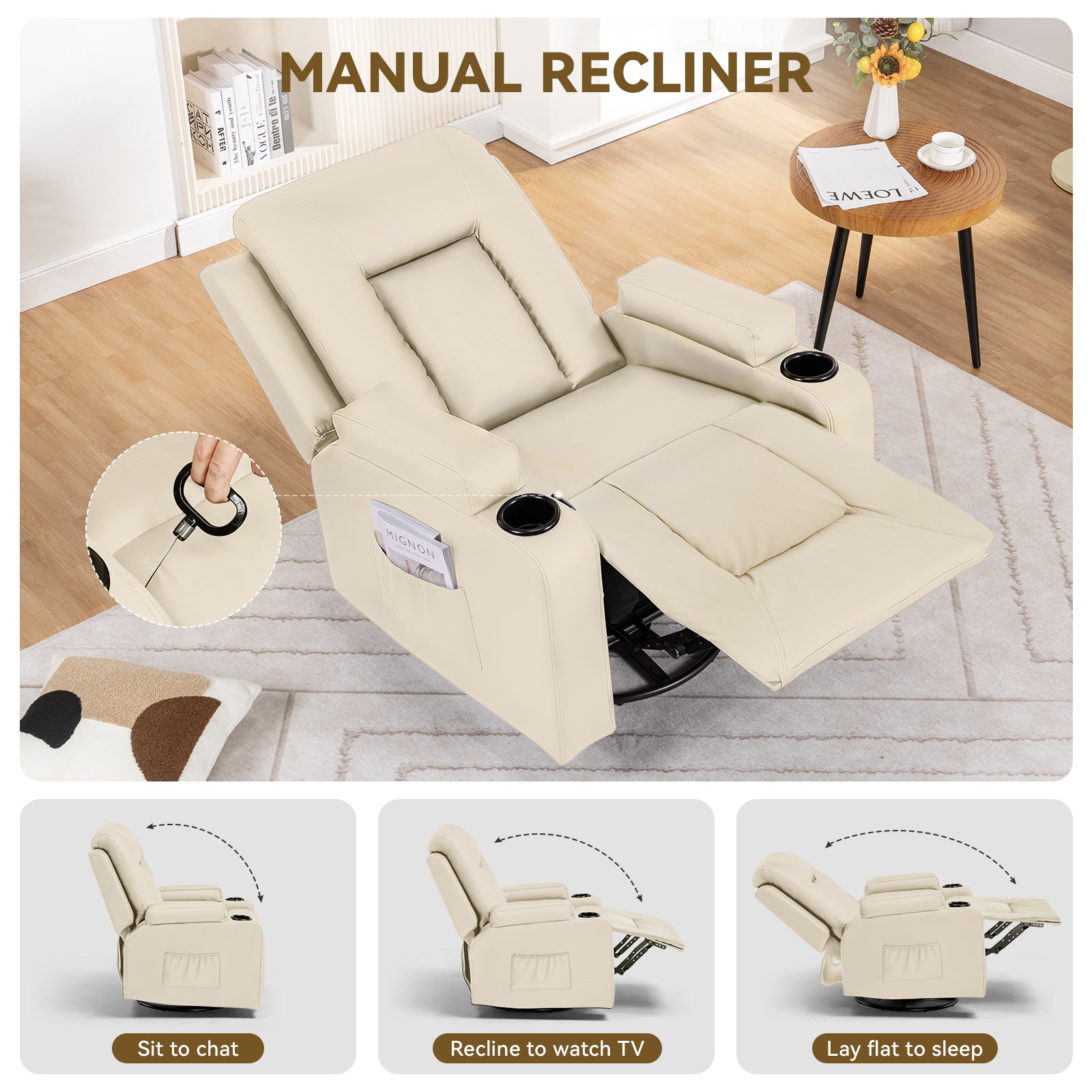 COMHOMA PU Massage Recliner with Swivel, Heat & Cup Holders H7134