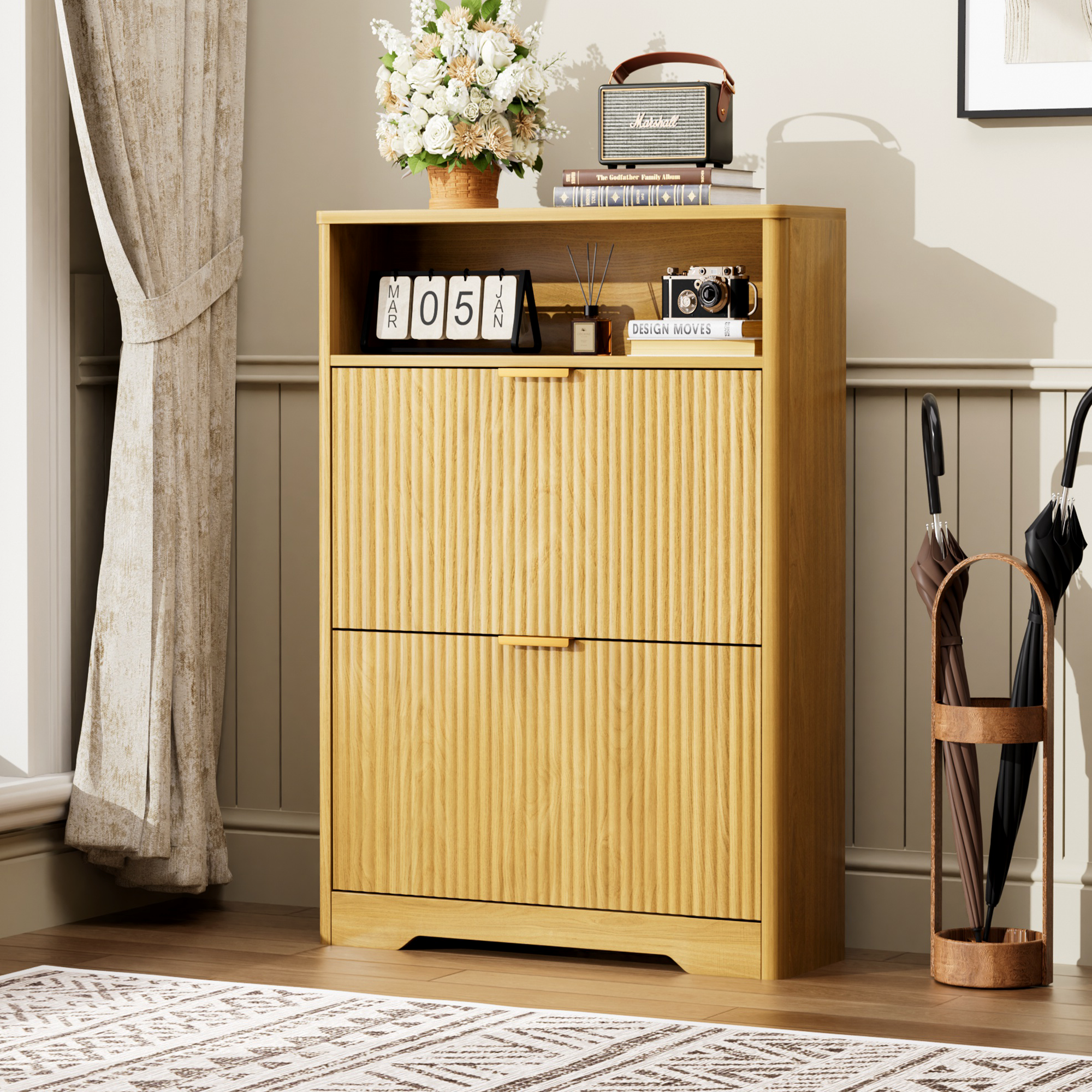 Shoe Cabinet Storage for Entryway Hidden Shoes Storage Cabinet with 2 Flip Drawers, Tall Free Standing Shoe Organizer Rack for Foyer, Hallway. Natural,31.6'' L x 9.6'' W x 40'' H.