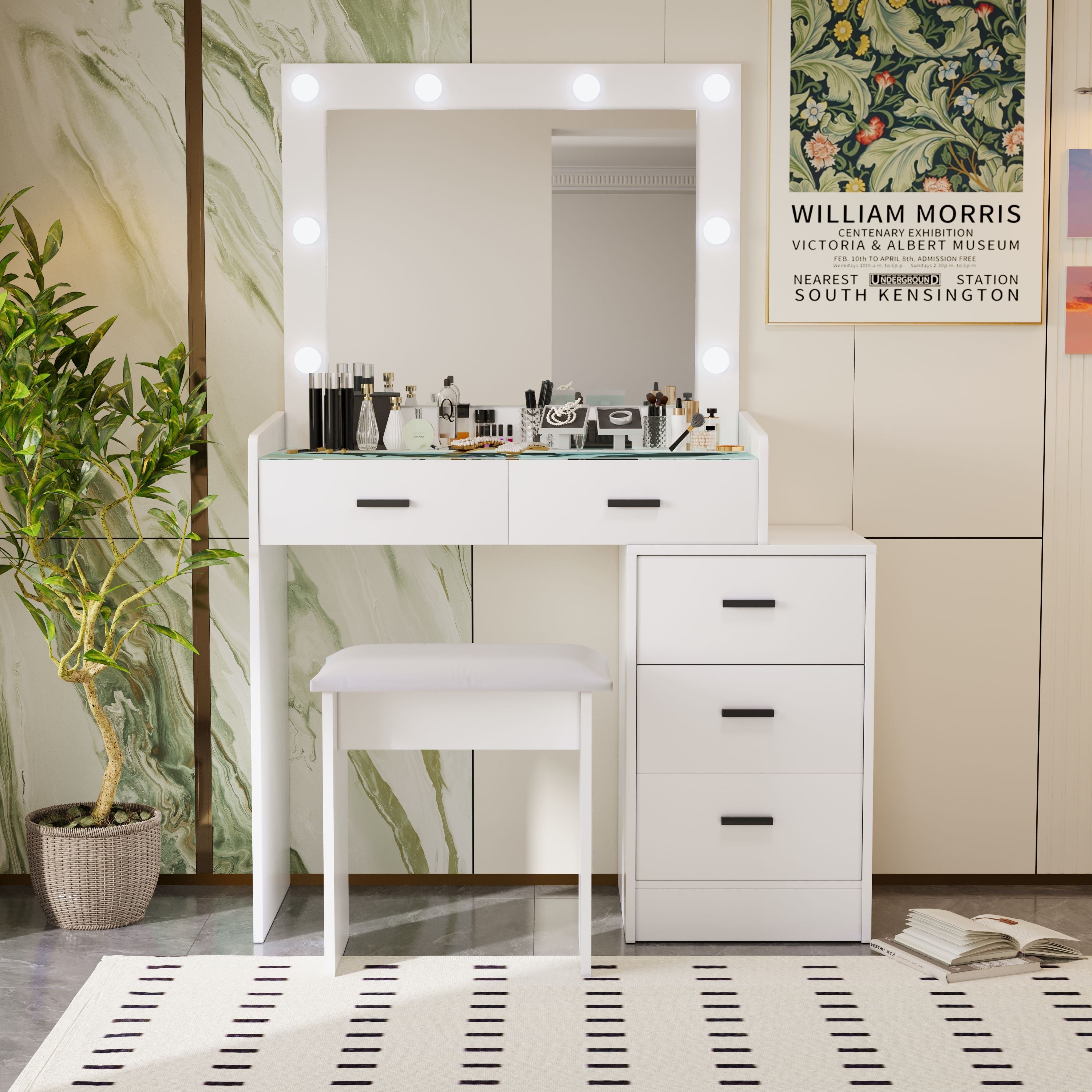 White color adjustable dressing table with 5 drawers
