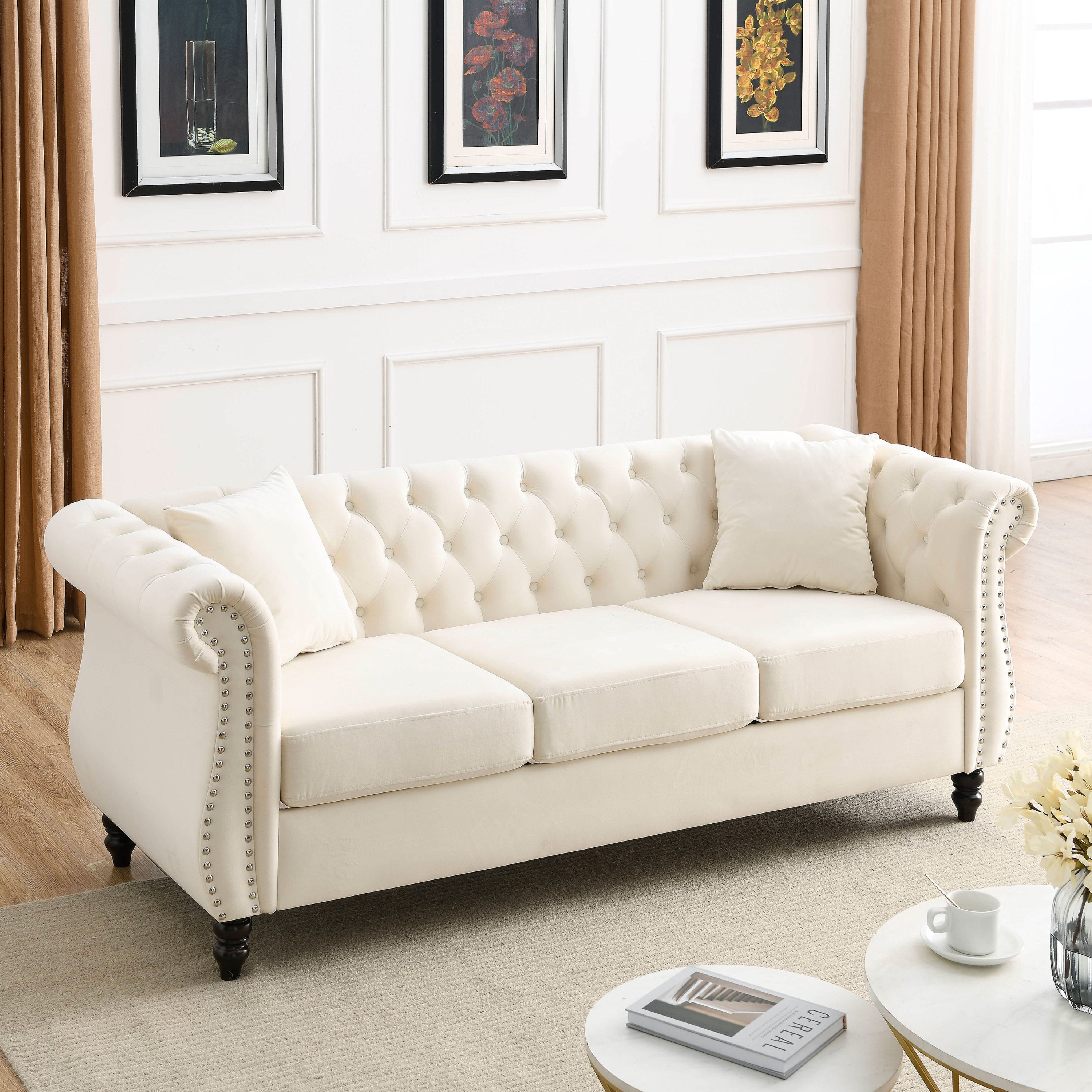 80' Chesterfield Sofa Beige Velvet for Living Room, 3 Seater Sofa Tufted Couch with Rolled Arms and Nailhead for Living Room, Bedroom, Office, Apartment, two pillowsW834S00008