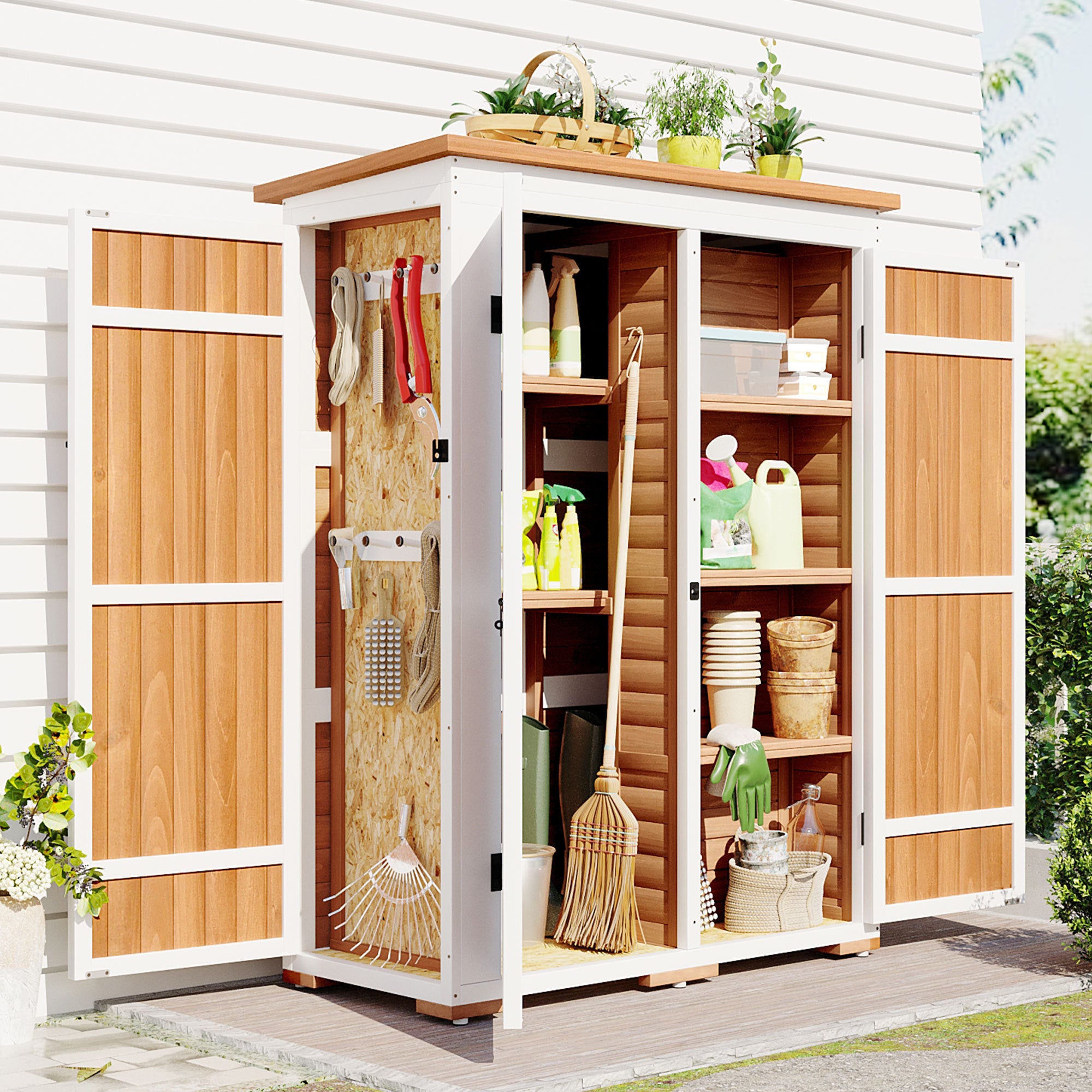 TOPMAX Outdoor 5.5ft Hx4.1ft L Wood Storage Shed, Garden Tool Cabinet with Waterproof Asphalt Roof, Four Lockable Doors, Multiple-tier Shelves, Natural