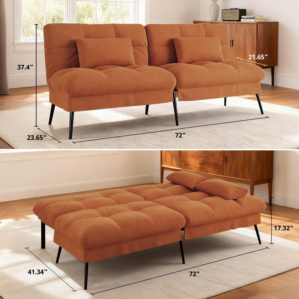 COMHOMA 72-inch convertible futon sofa bed with adjustable backrest in a terracotta fabric, showing dimensions: 37.4" height, 23.65" depth sitting, 21.65" seat height, and 17.32" bed height.