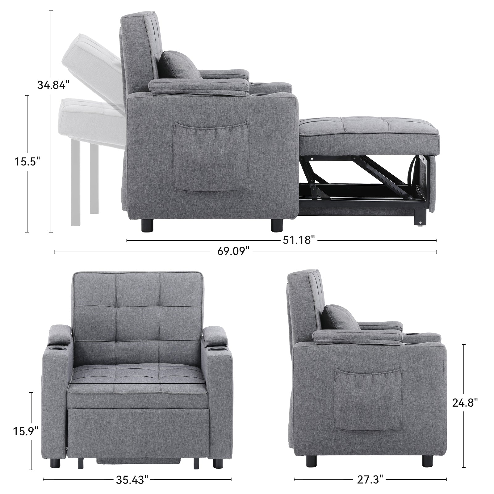 COMHOMA 5 Adjustable Angles Sleeping Sofa Bed with 2 Cup Holders HS101