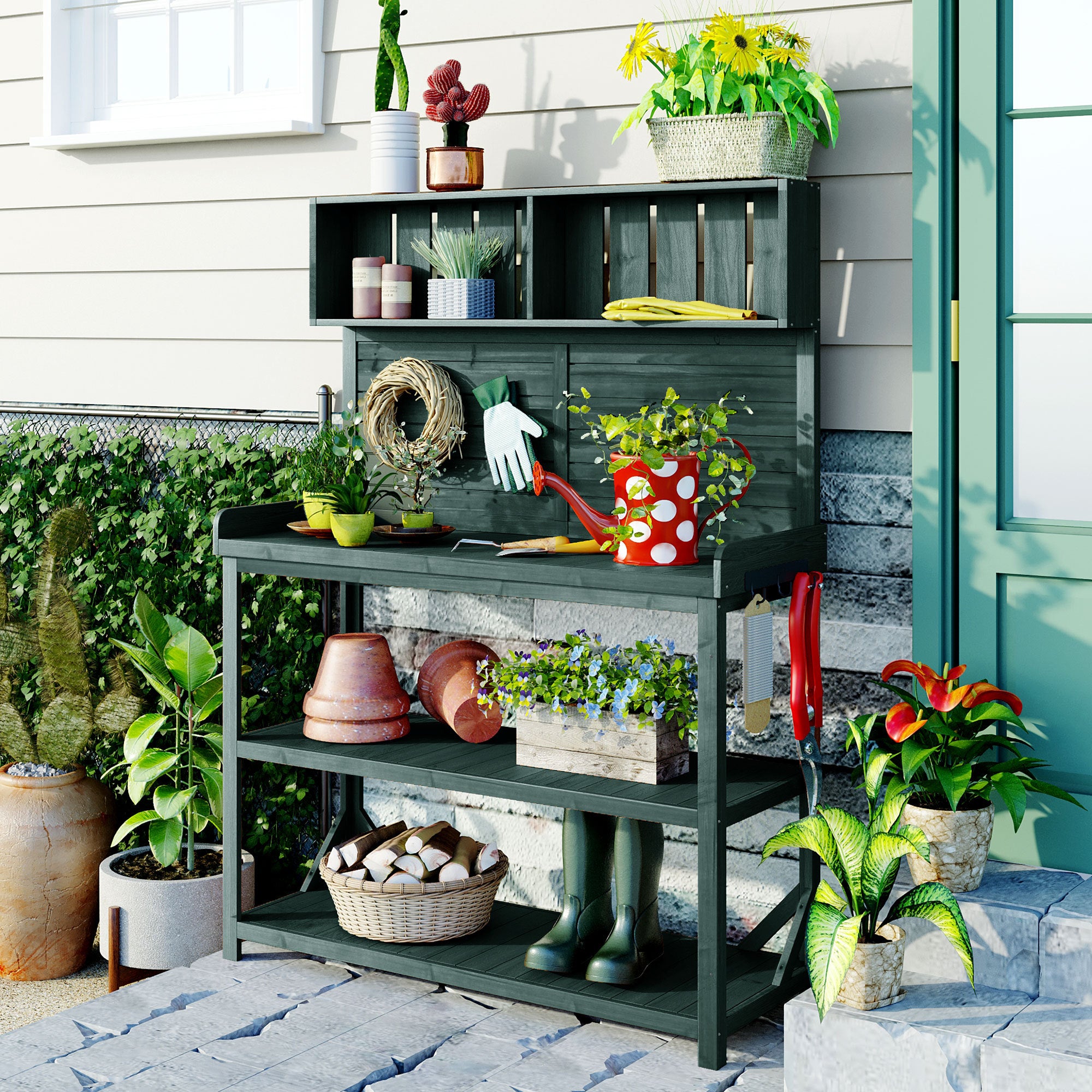 TOPMAX 65' Large Wooden Farmhouse Rustic Outdoor Potting Bench Table, Patio Workstation, Garden Potting Bench with 4 Storage Shelves and Side Hook, Forest Green