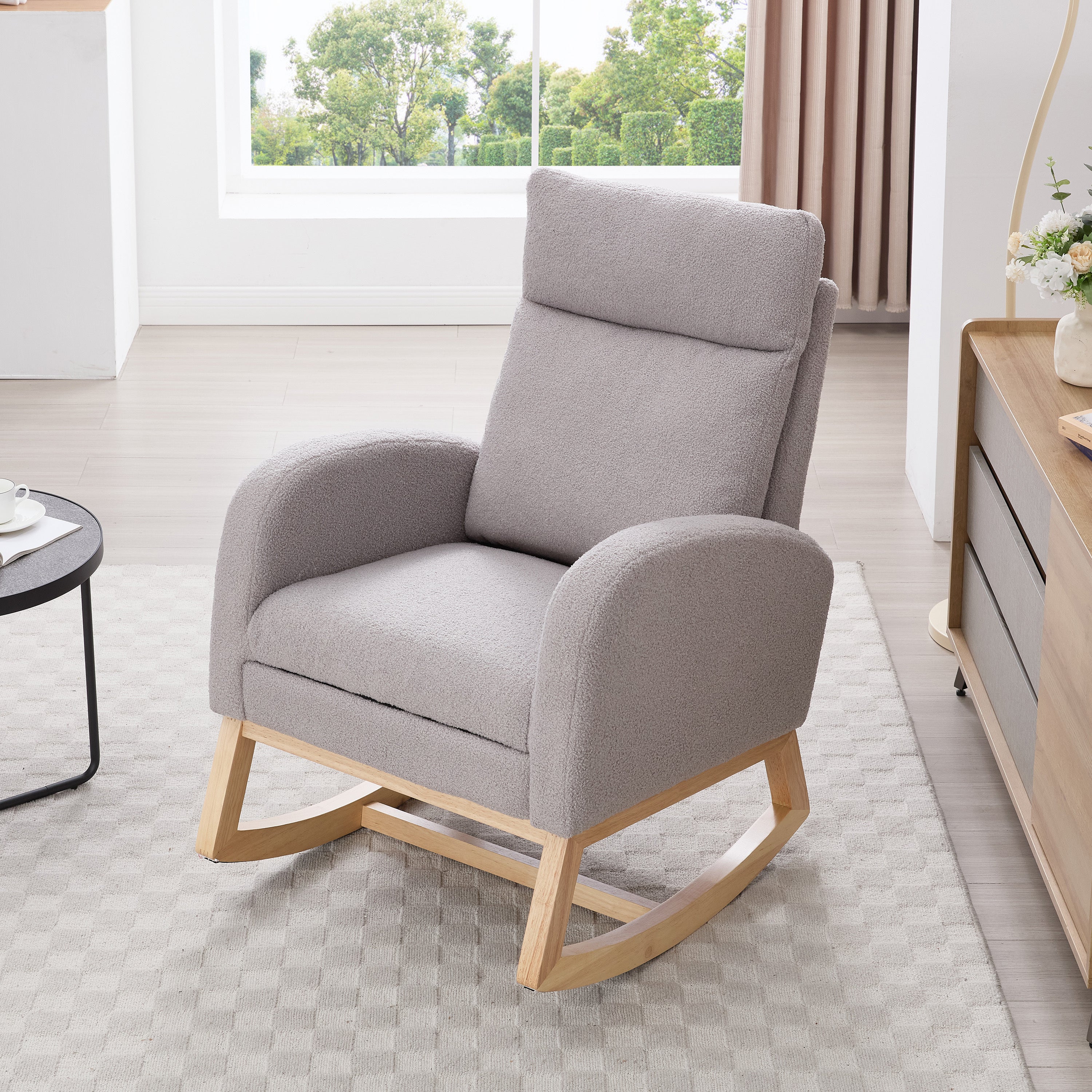 015B-Teddy Fabric Leisure Rocking Chair,Nursery Rocking Chair With Adjustable Footstool,Thickened Headrest And High Backrest, Storage Pocket On The Right Side,The Base Rocker Is Solid Wood,Light Gray