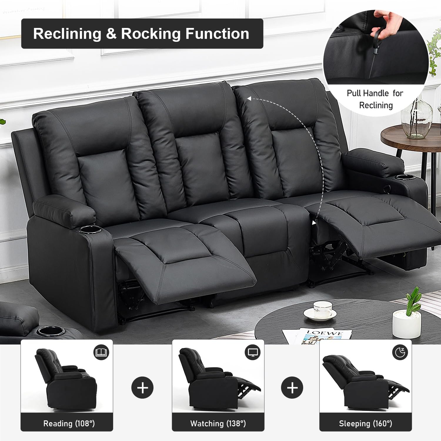 COMHOMA PU Massage Recliner with Swivel, Heat & Cup Holders H7134
