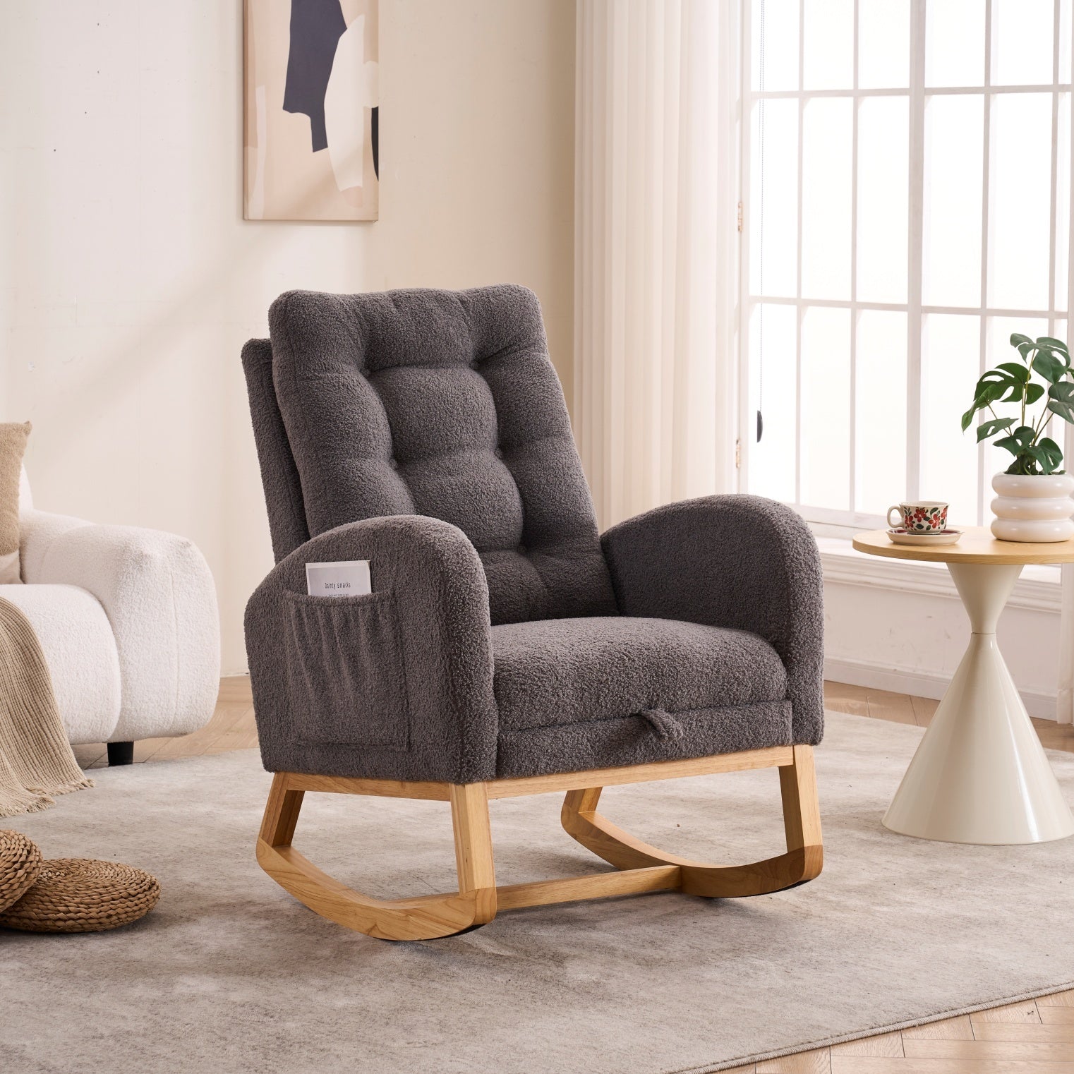 LY-5104 Dark Gray Accent Rocking Chair with Footrest High Back Rubber Wood Rocking Legs Bedroom Living Space 26.77D X 38.36W X 39.76H Inch