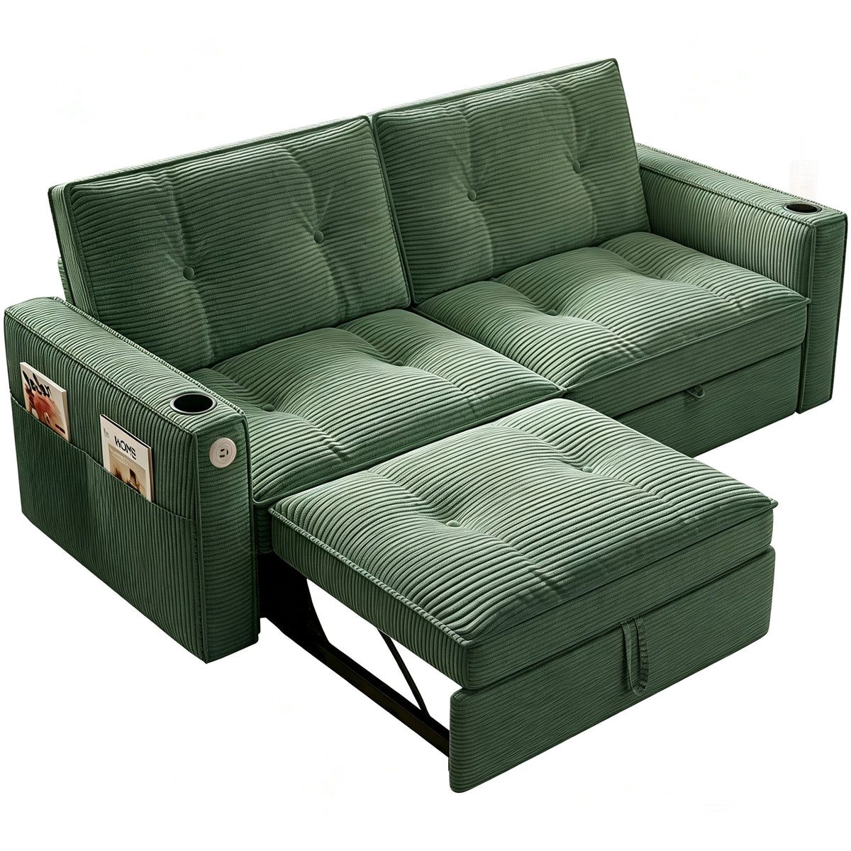 SOMNUS Modern Green Corduroy 2-in-1 Convertible Sofa Bed for Living Rooms, Bedrooms, and Small Spaces