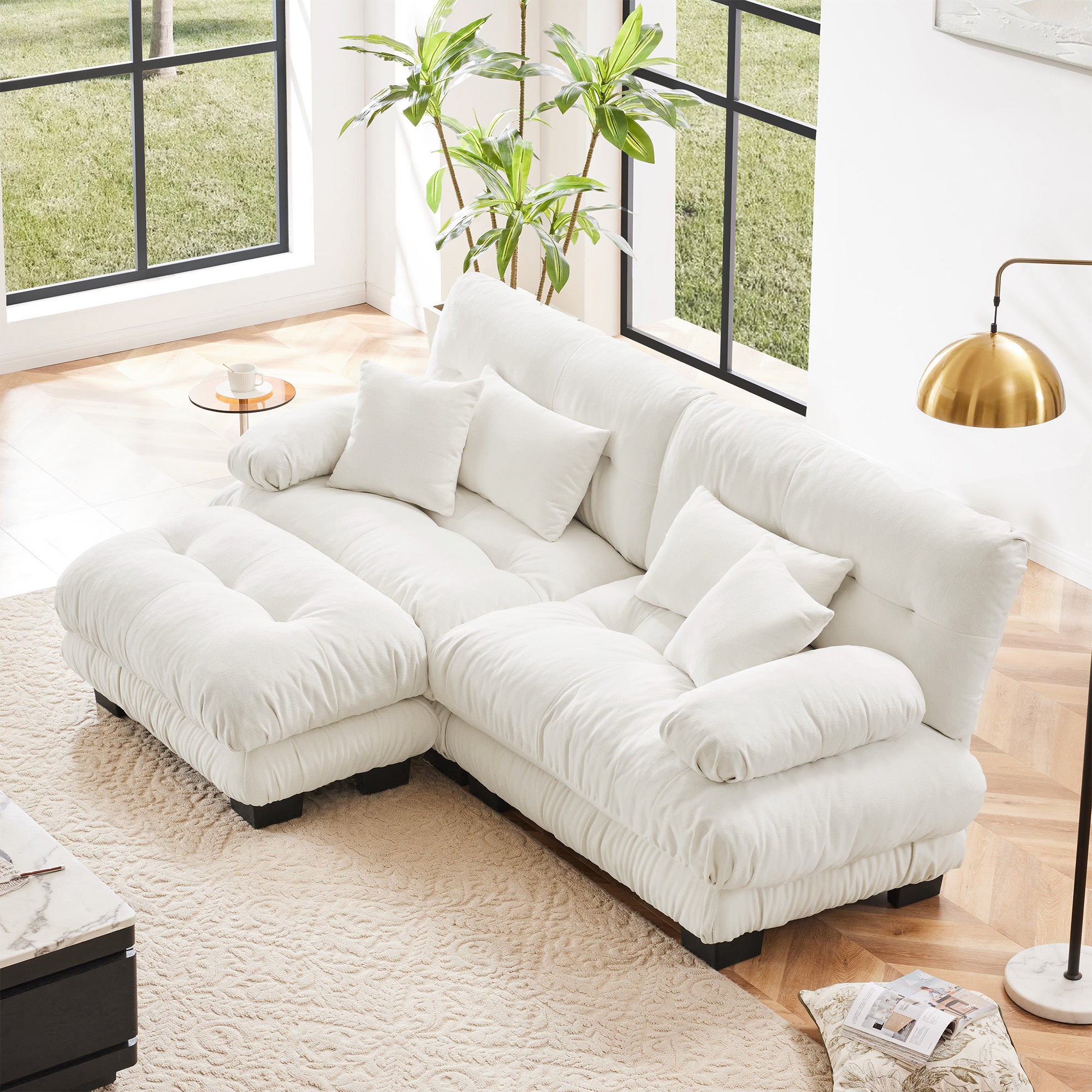 Cloud Couch Sectional Sofa for Living Room, Chenille 2 Seater Sofa with 2 Lumbar pillows and 2 throw pillows , Upholstered Wide Arm Sofa with Convertible Ottoman,Chenille White