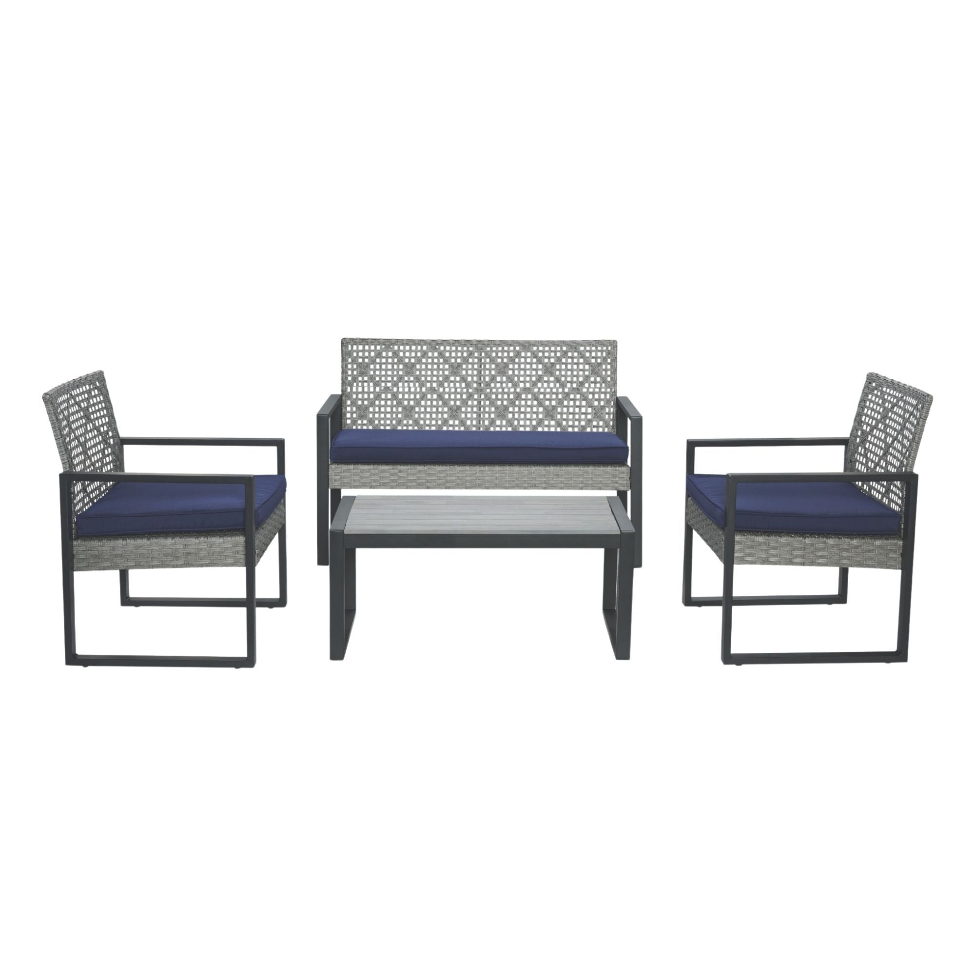 4-Piece Patio Furniture Set with Gray Acacia Wood Table Top, Blue Cushions and Light Gray Rattan