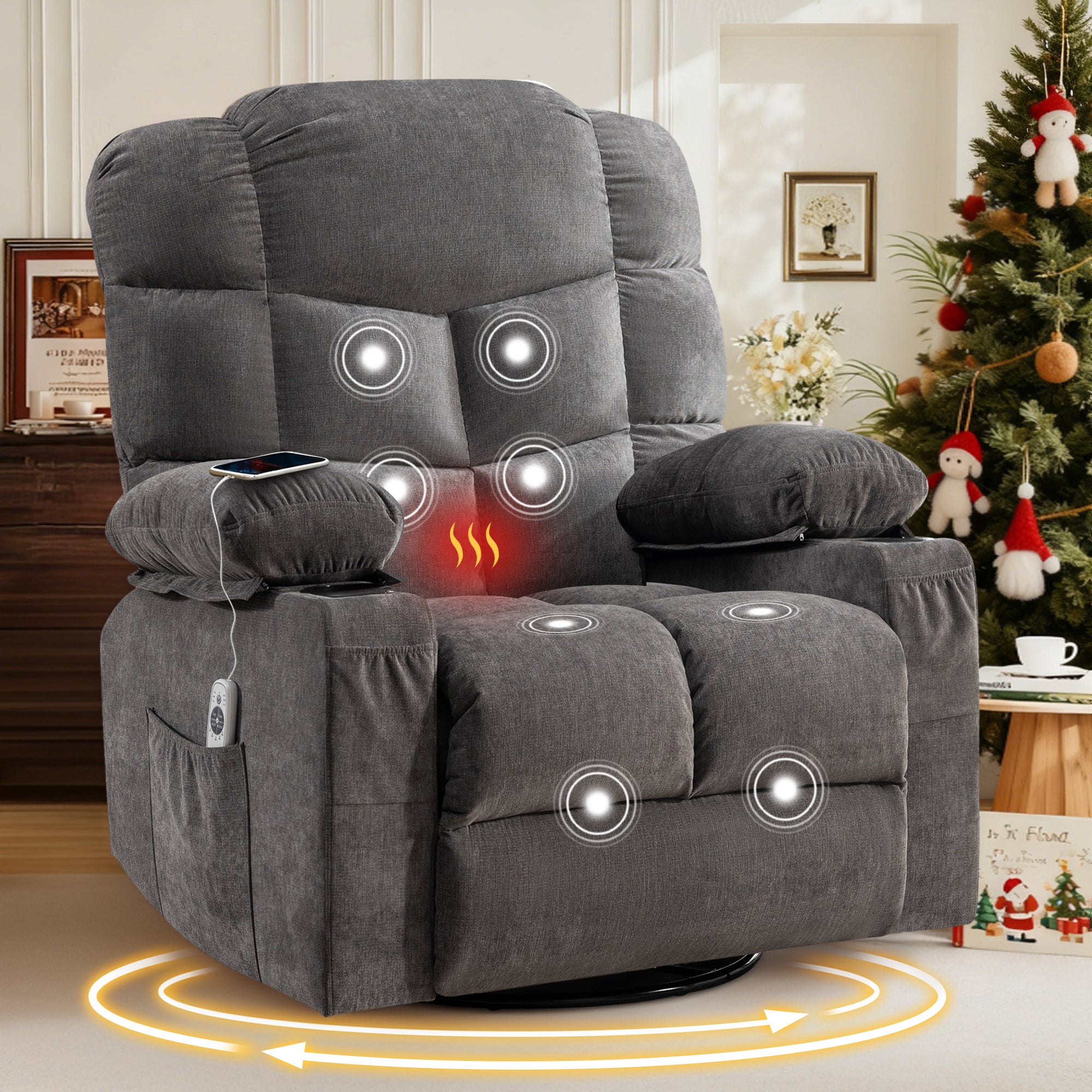 Oversized Massage Swivel Recliner Chair with Lumbar Heating for Living Room Rocker Recliner with Cup Holders and USB Charge Port, for Adult