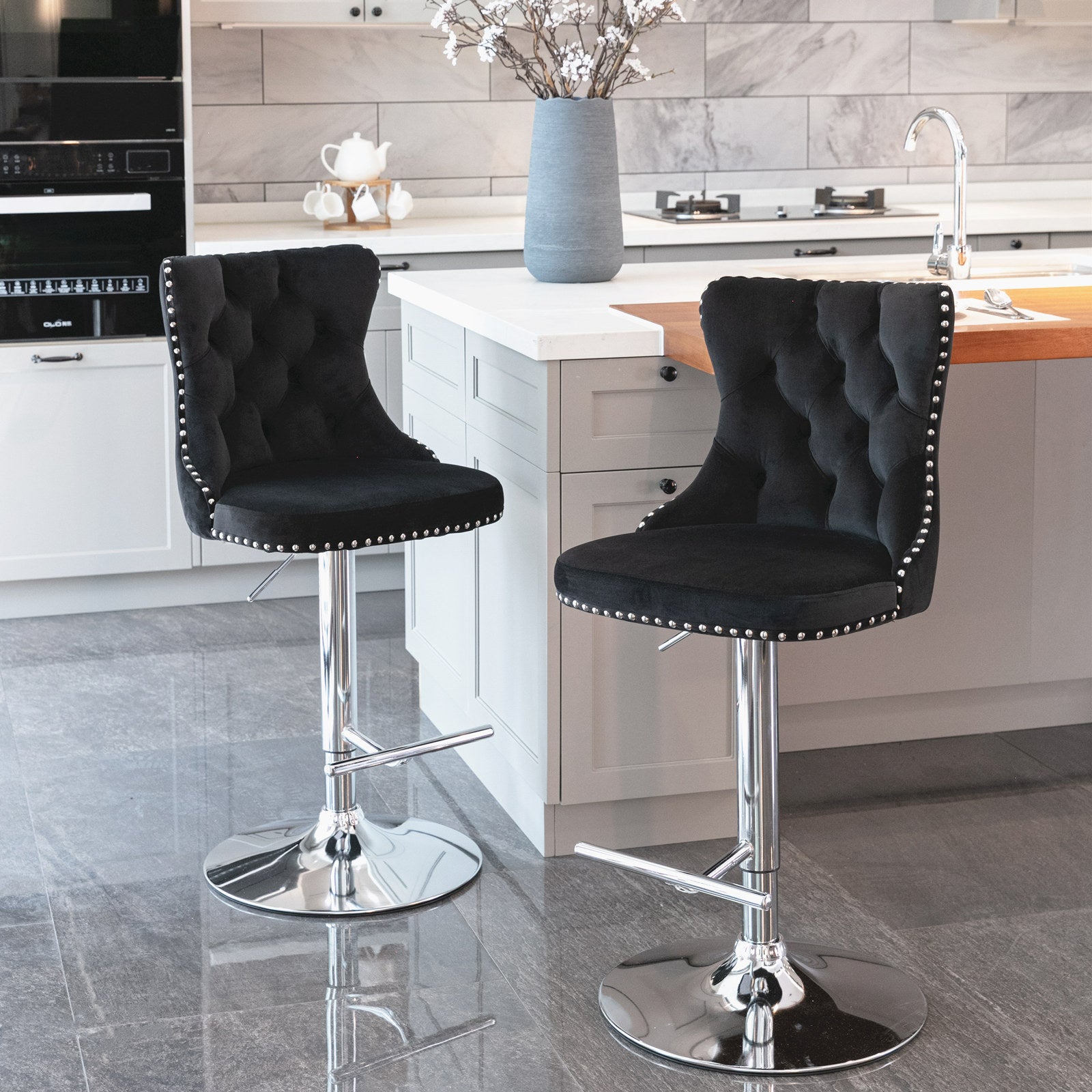 Swivel Velvet Barstools Adjusatble Seat Height from 25-33 Inch, Chrome base Bar Stools with Backs Comfortable Tufted for Home Pub and Kitchen Island,Set of 2,AS1712BK,Black
