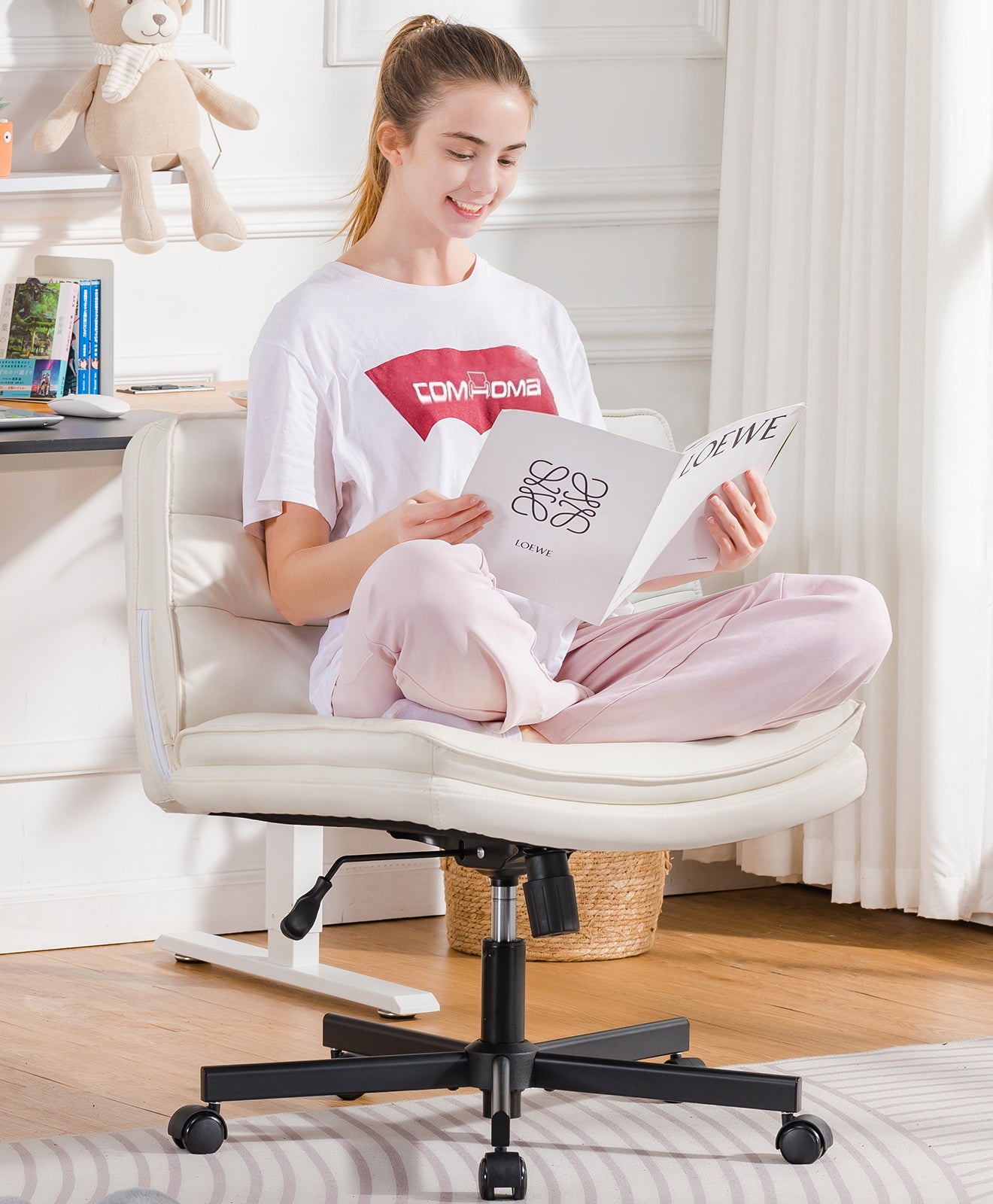 COMHOMA Armless Office Desk Chair with Wheels, PU Leather Padded Cross Legged Office Chair,WMT-CH310