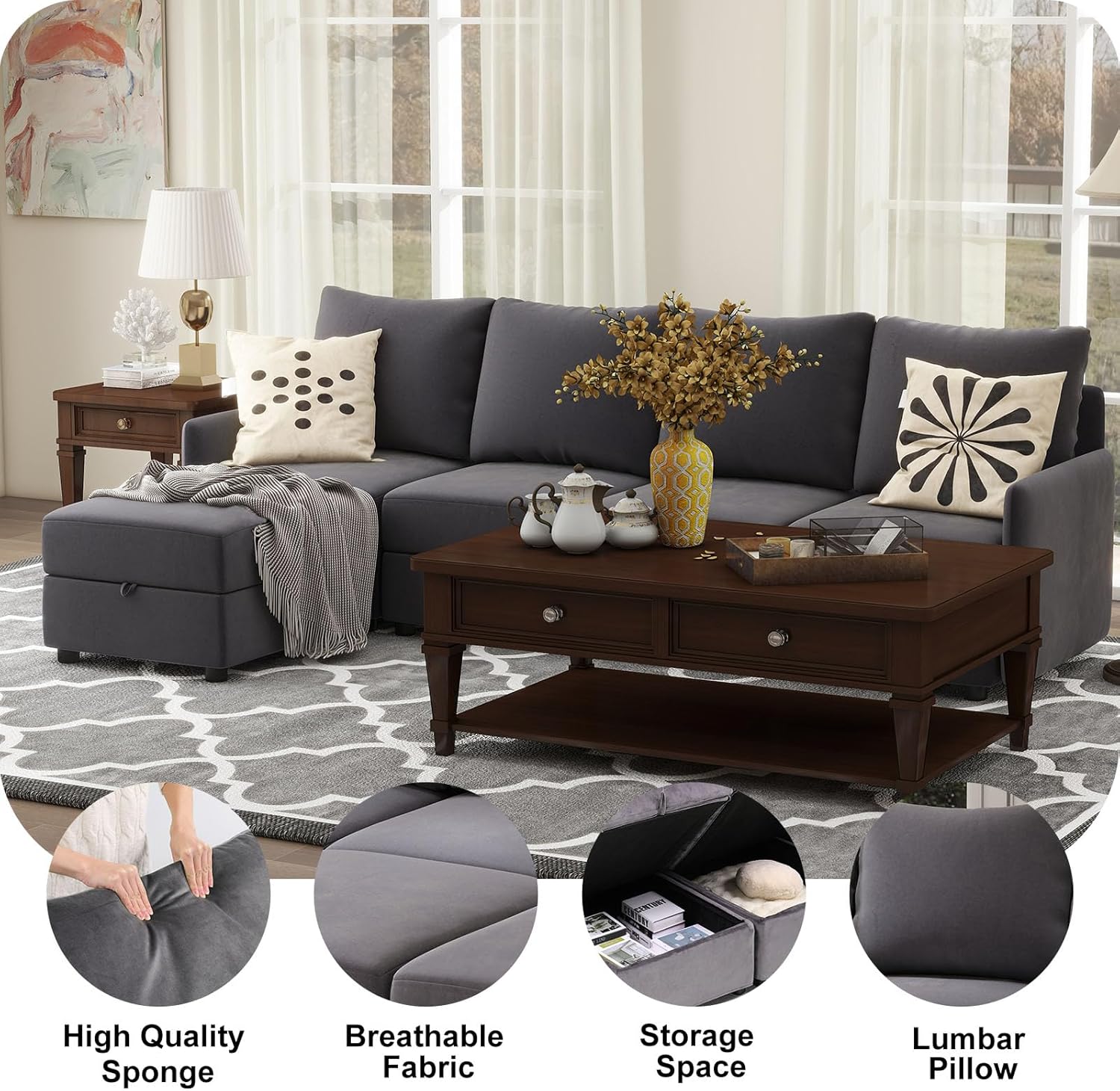 COMHOMA L/U Shaped Convertible Sectional Sofa with Big Storage HS301