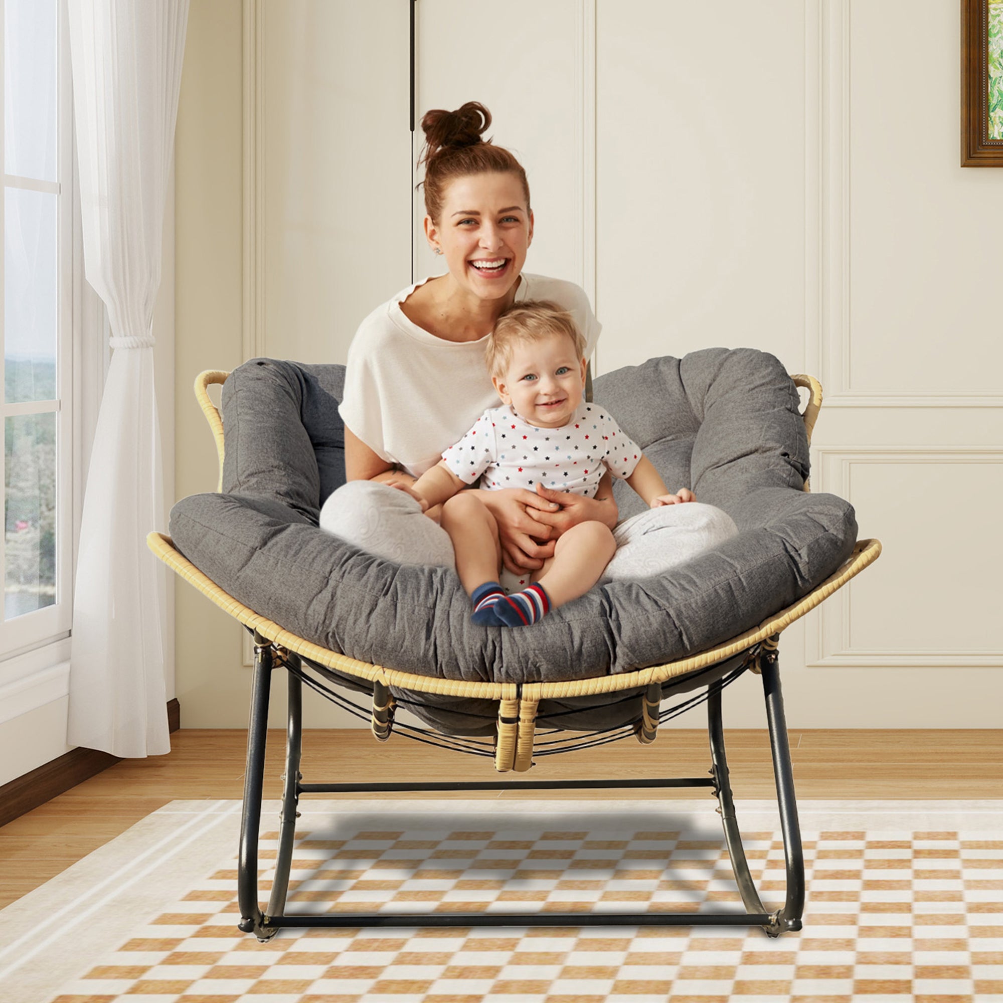 Outdoor Rocking Chair, Patio Egg Rocking Chair, Indoor Papasan Chair, Rattan Wicker Lounge Chair, Modern Royal Chair for Bedroom, Living Room, Porch, Garden,Lawn-Dark Grey