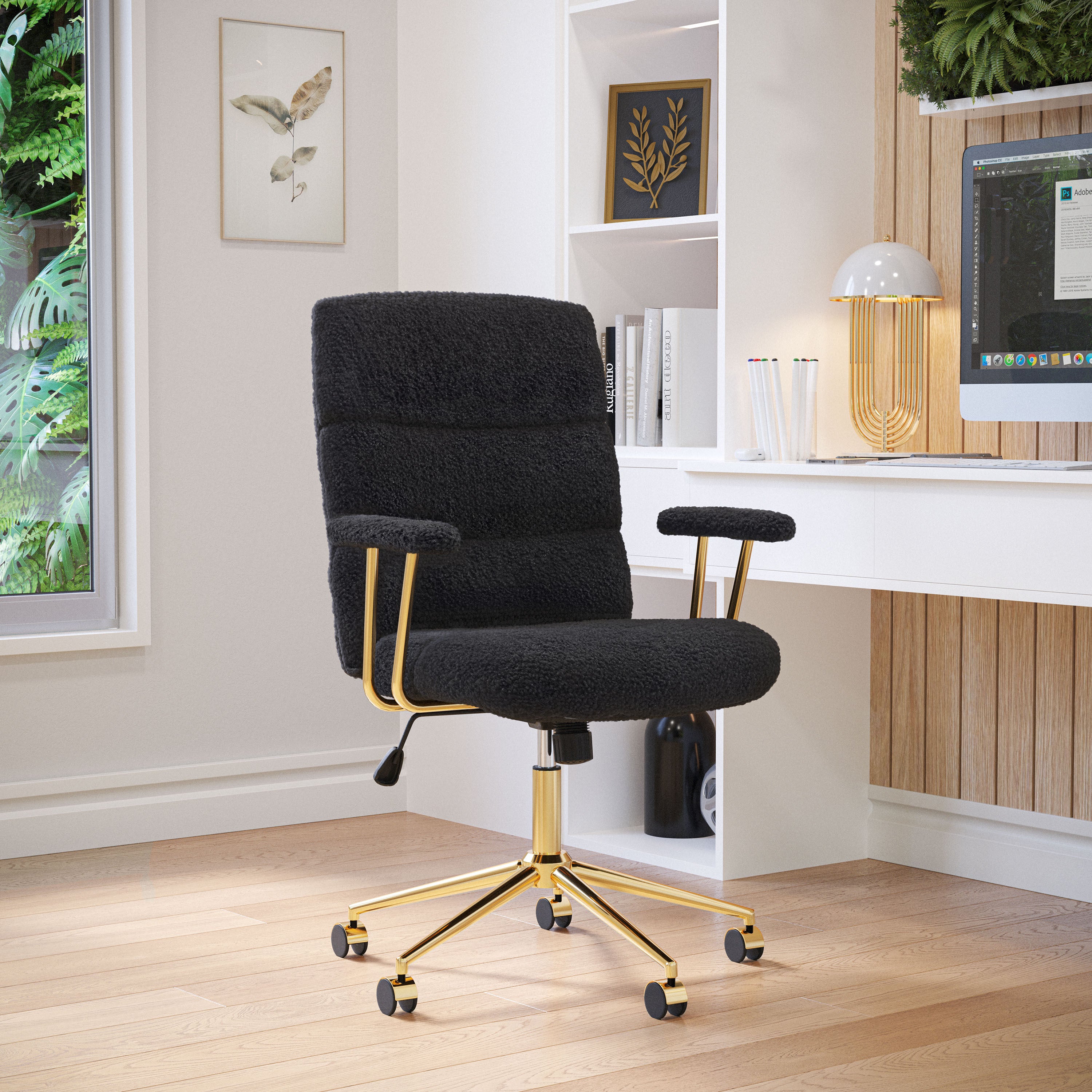 Textured Boucle Fabric Black and Gold Office Chair, Modern Height Adjustable Desk Chair with Padded Arms