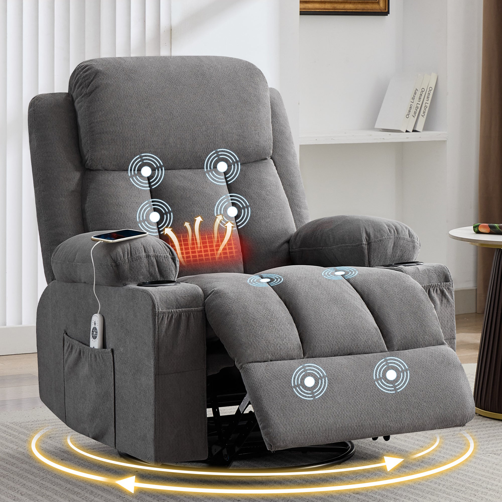 Swivel Rocker Recliner Chair with Vibration Massage and Heat for Living Room ,with Rocking Function and Side Pocket, USB Charge Port,2 cup holders