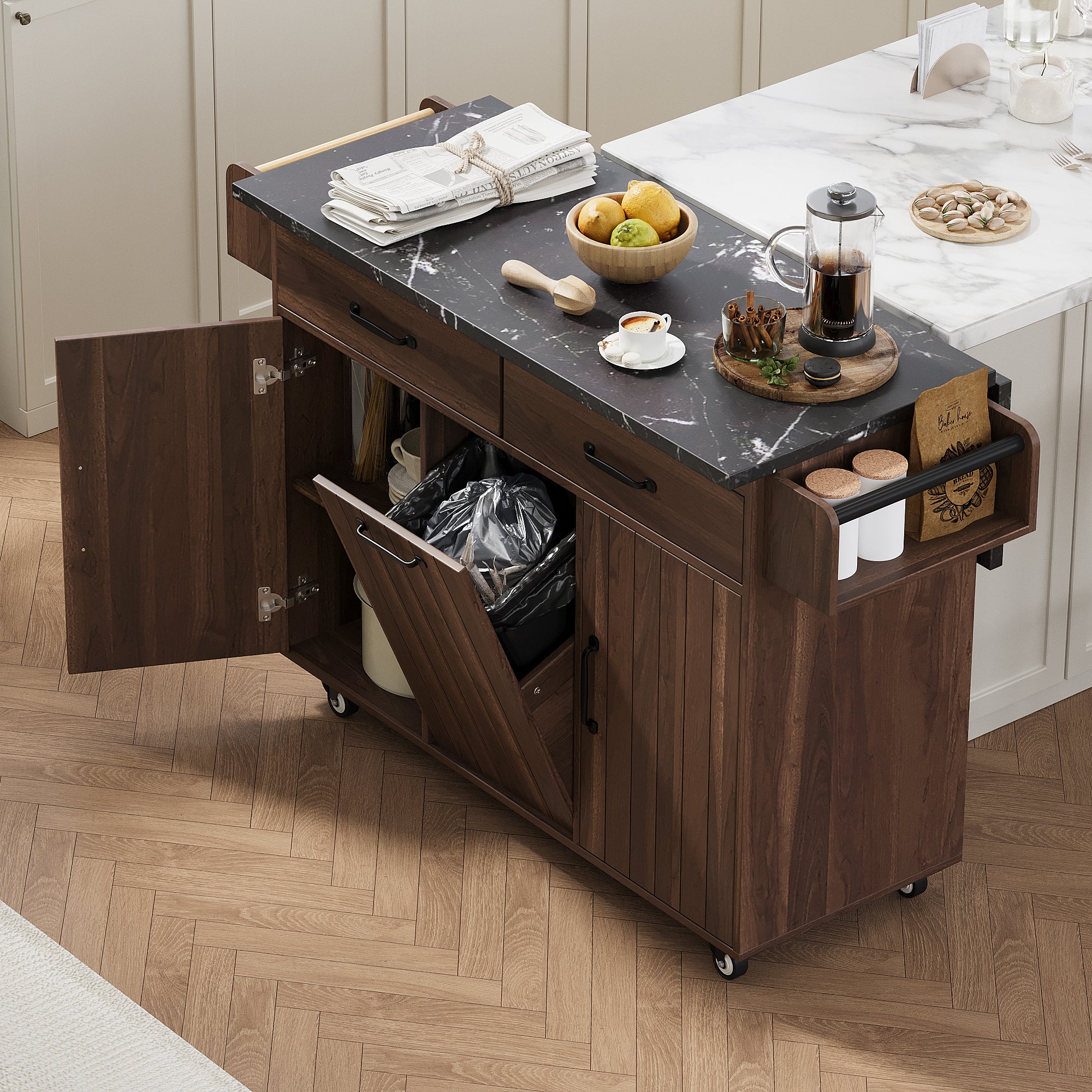 K&K Kitchen Island with Trash Can Storage Cabinet, Kitchen Cart with Drop Leaf, Spice Rack, Towel Rack and Drawer, Rolling Kitchen Island on Wheels with Adjustable Shelf, Walnut Brown