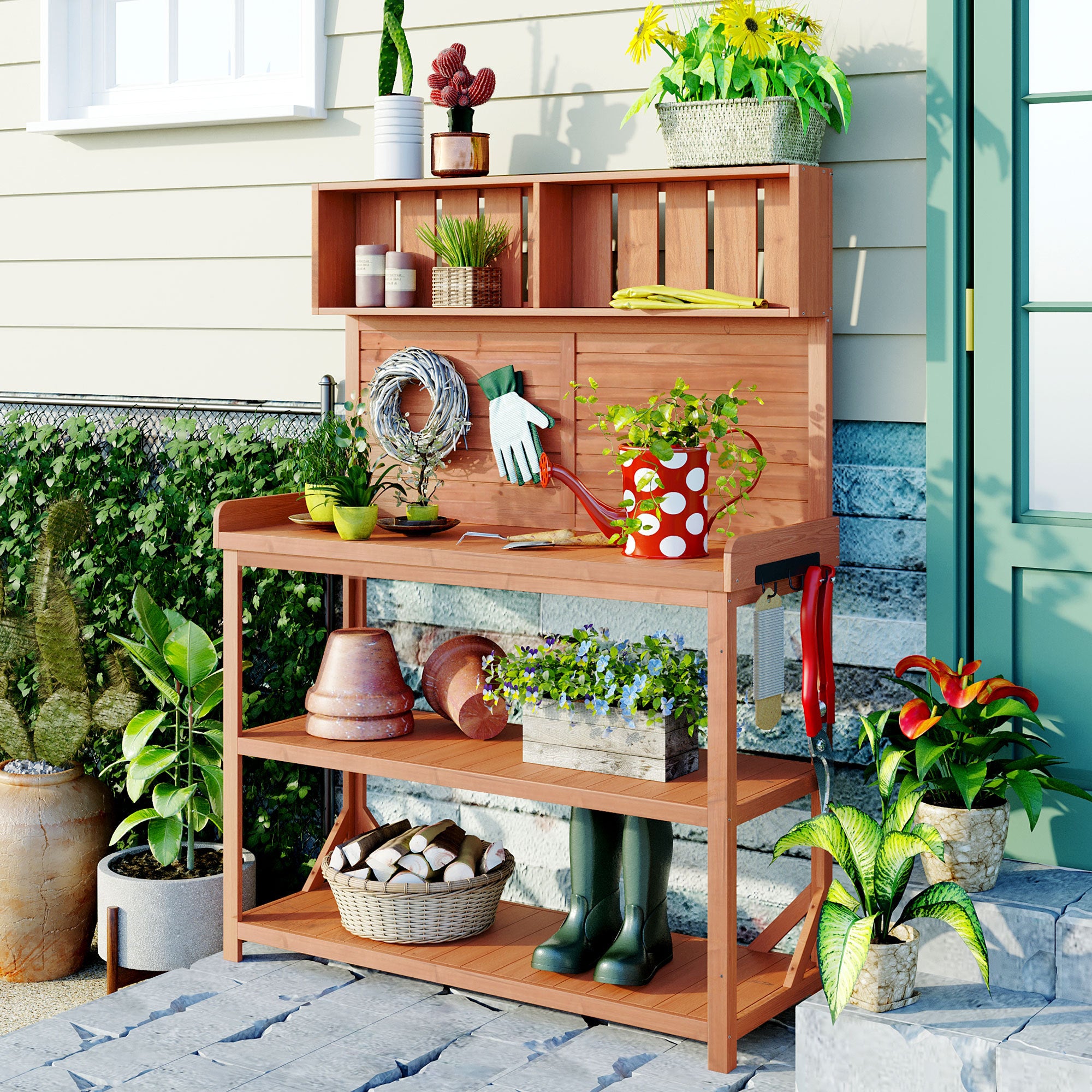 TOPMAX 65' Large Wooden Farmhouse Rustic Outdoor Potting Bench Table, Patio Workstation, Garden Potting Bench with 4 Storage Shelves and Side Hook,Natural