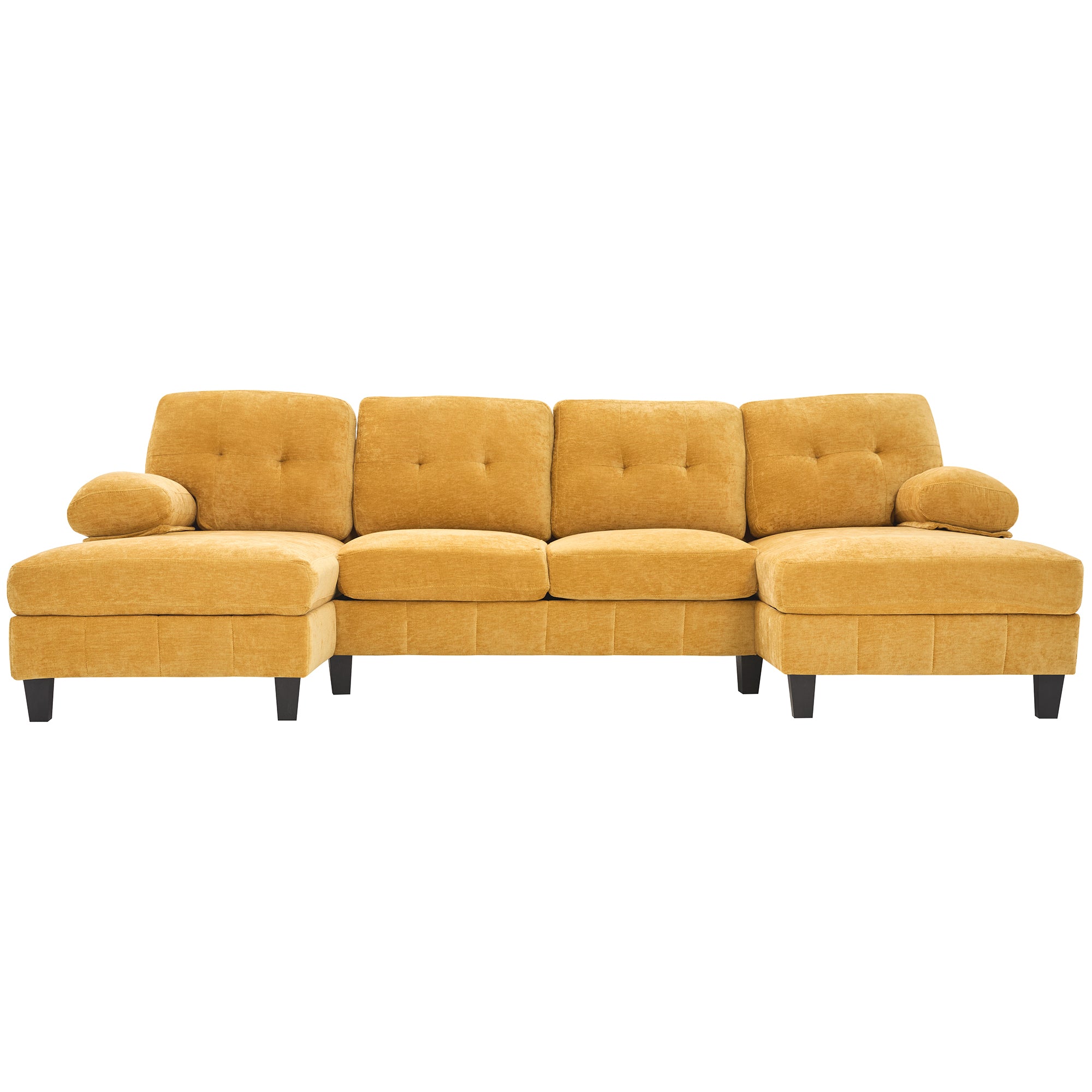 Modern U-Shaped Sectional Sofa with Dual Chaise Lounges, Storage Pockets and Armrest Pillows, Yellow Chenille Fabric, 103.5'