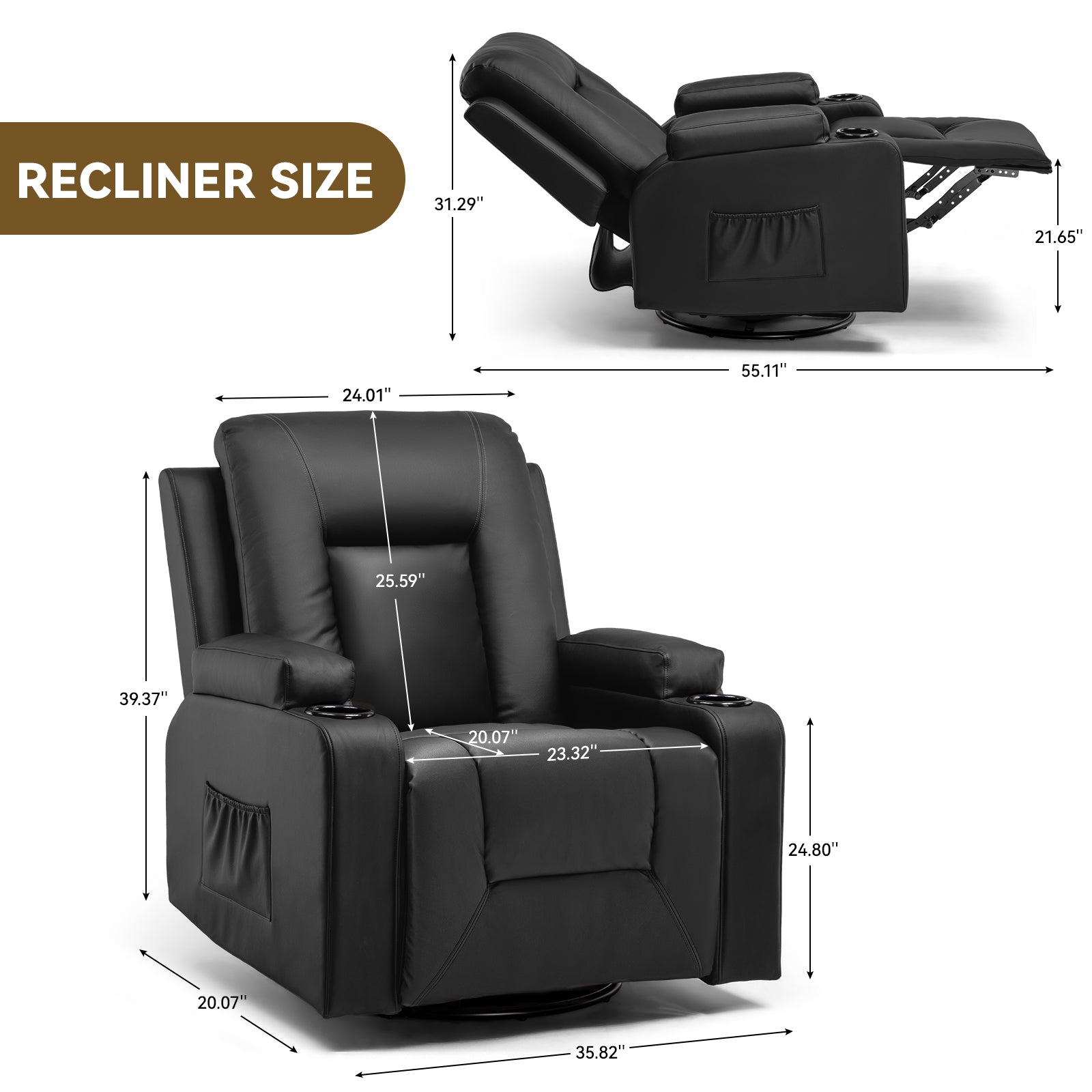 COMHOMA PU Massage Recliner with Swivel, Heat & Cup Holders H7134