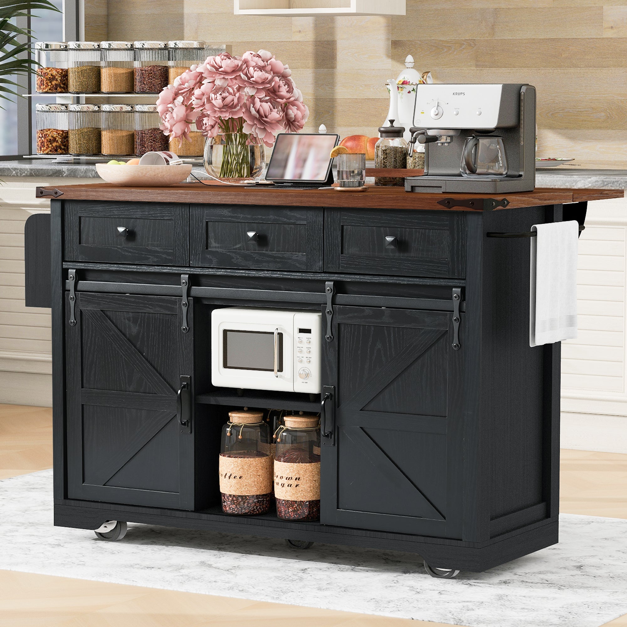 K&K 53.7' Farmhouse Kitchen Island with Power Outlet, 2 Sliding Barn Door Kitchen Storage Island with Drop Leaf, Spice Rack Rolling Kitchen Cart on Wheels, for Home, Kitchen and Dining Room, Black