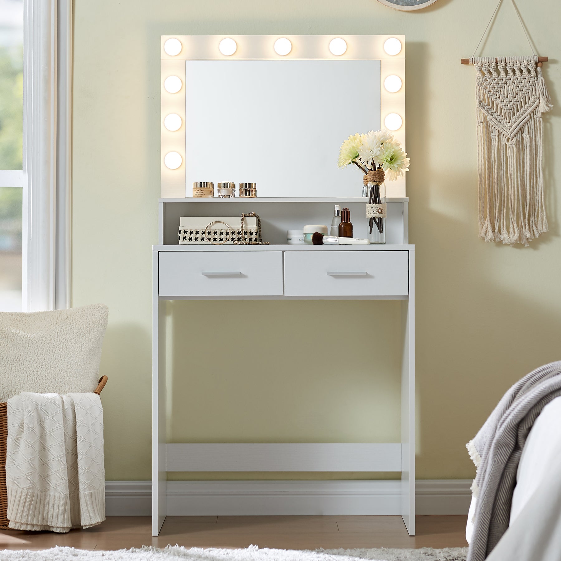 Vanity Desk with Mirror and Lights, Dressing Table with Large Drawer, 2 Level Storage Dresser & 3 Lighting Modes Adjustable Brightness, Suitable for Bedroom(White)