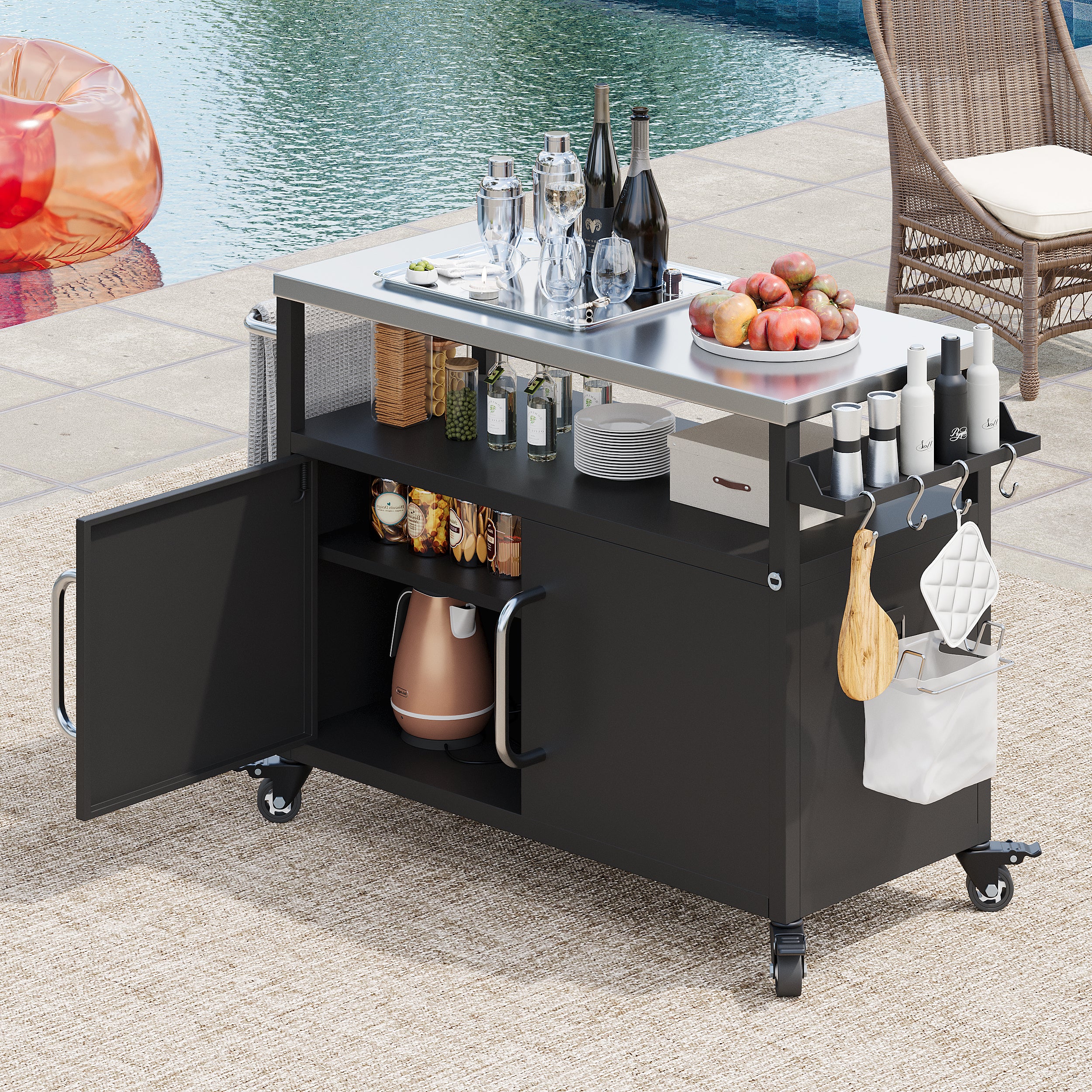 K&K 54.5' Outdoor Kitchen Island with Stainless Steel Tabletop, Metal Grill Cart Table with Storage Cabinet, Spice Rack and Towel Rack, Outdoor Bar Cart with 4 Lockable Wheels for Outside BBQ