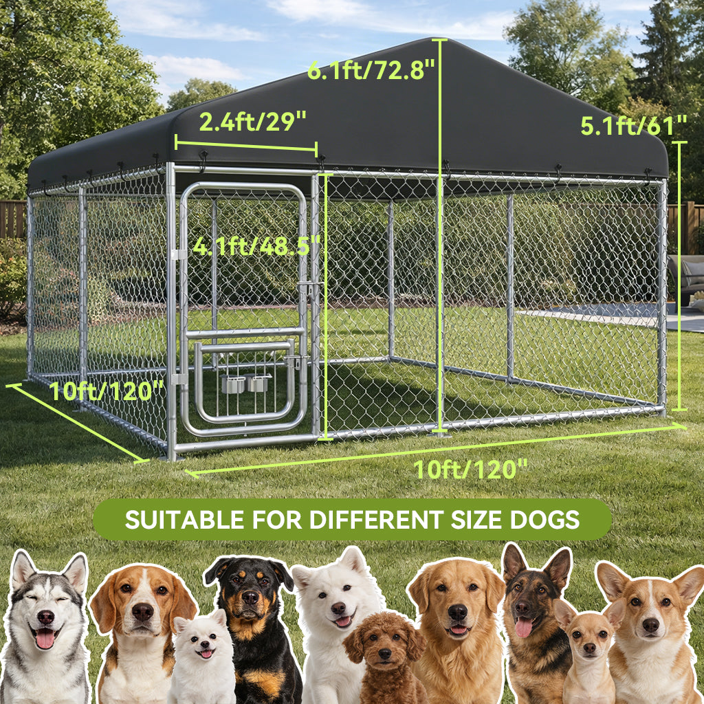 Outdoor chain link dog kennel with mesh walls and a weather-resistant roof, suitable for different dog sizes, shown in a backyard setting with green grass and trees.