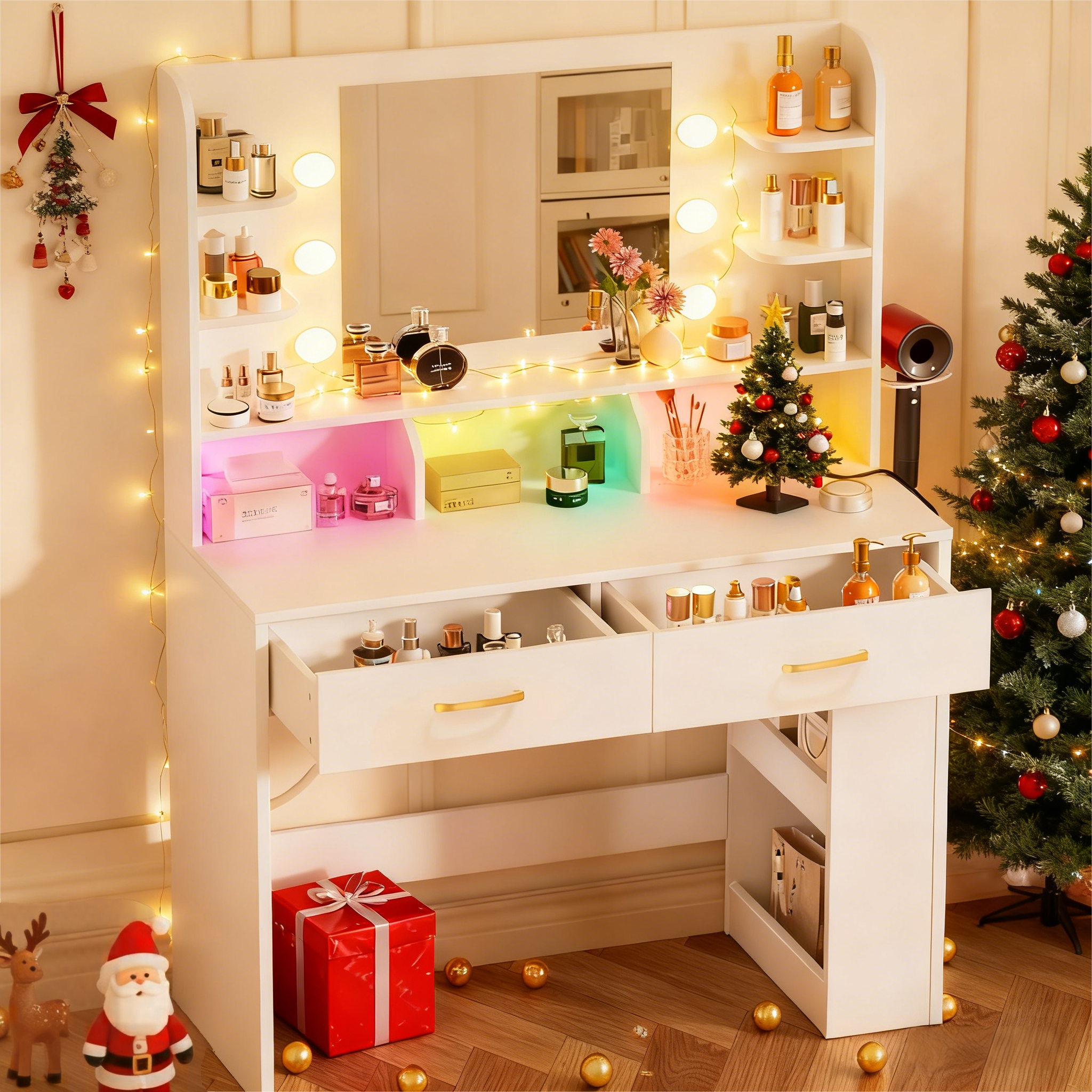 COMHOMA Vanity Desk with Large Storage, RGB LED Lights and Power Outlet B1004