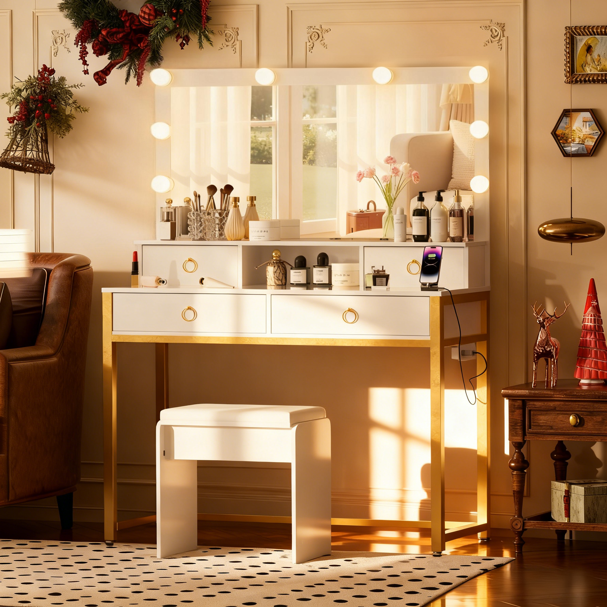 COMHOMA Makeup Vanity Desk with 4 Drawers and Charging Station, 3 Color Modes B1007