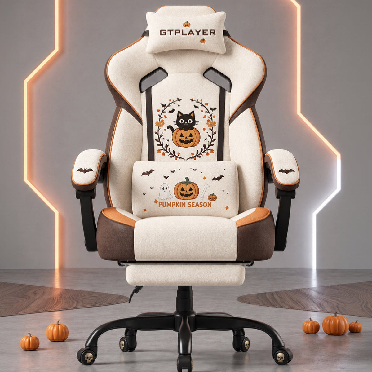 Halloween Cat-Pumpkin Edition | Ergonomic Chair with Pillow & Footrest