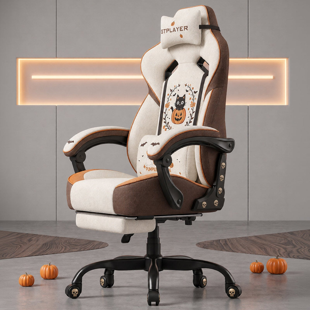 Halloween Cat-Pumpkin Edition | Ergonomic Chair with Pillow & Footrest