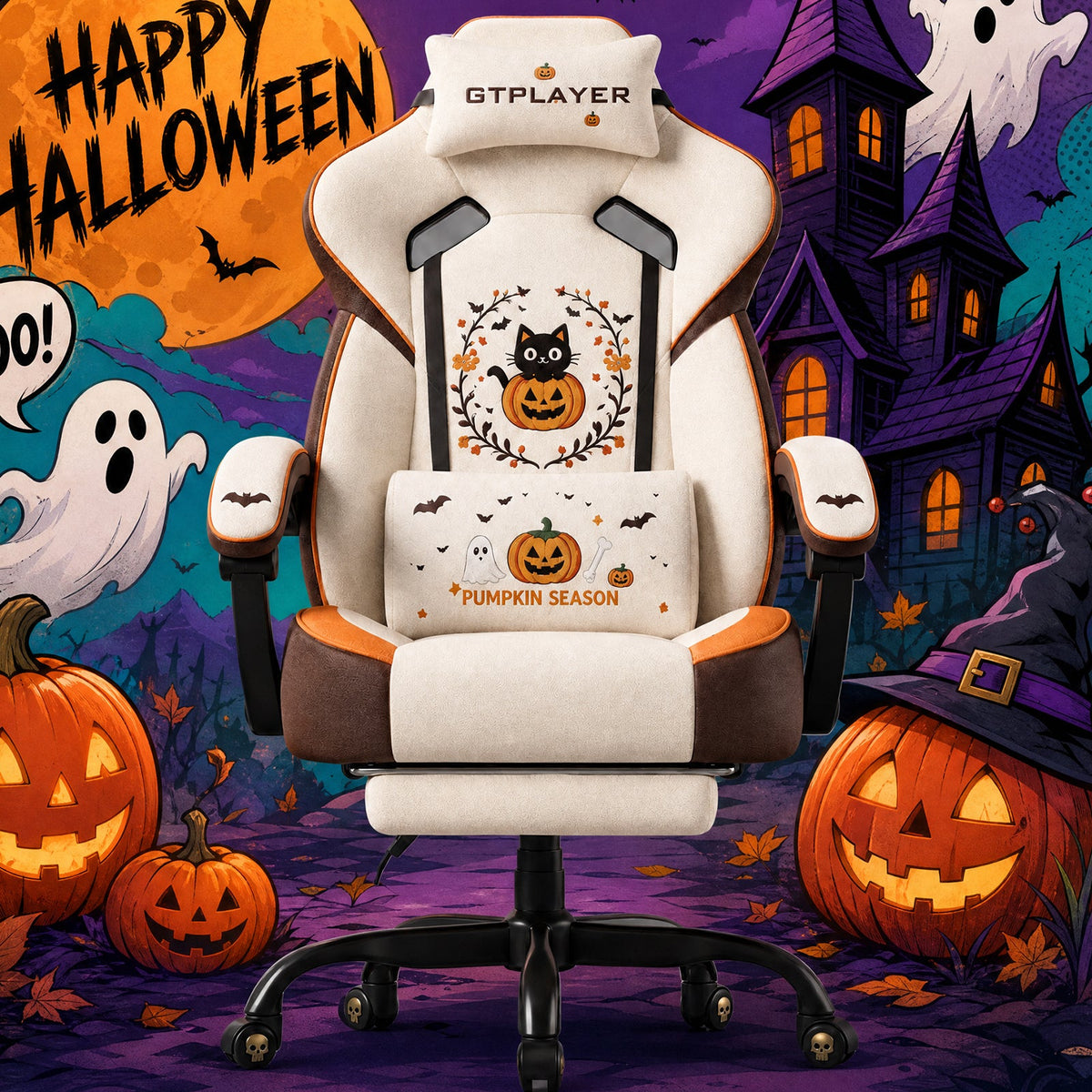 Halloween Cat-Pumpkin Edition | Ergonomic Chair with Pillow & Footrest