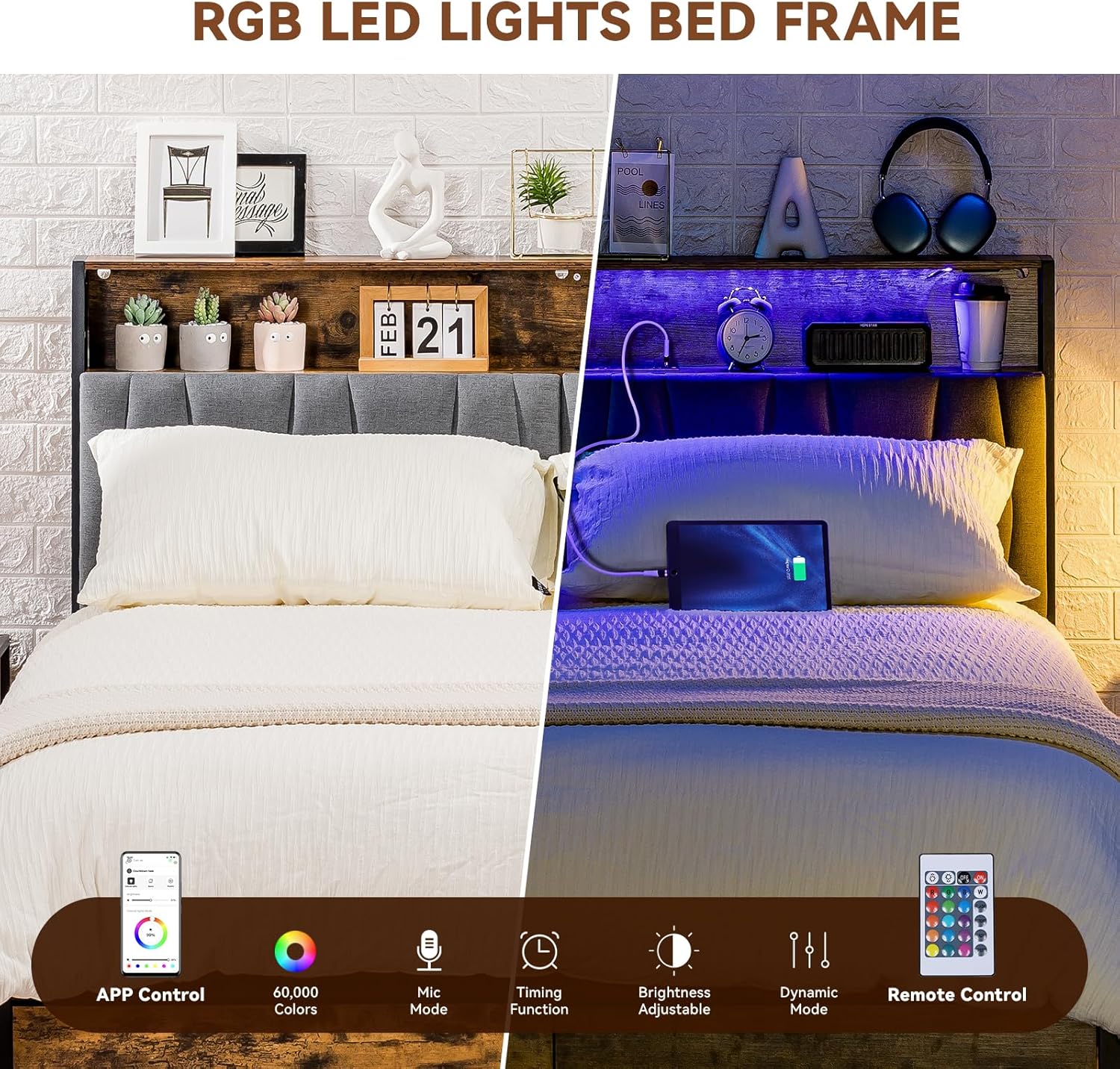 COMHOMA Bed Frame with 2 Storage Drawers & LED BF001