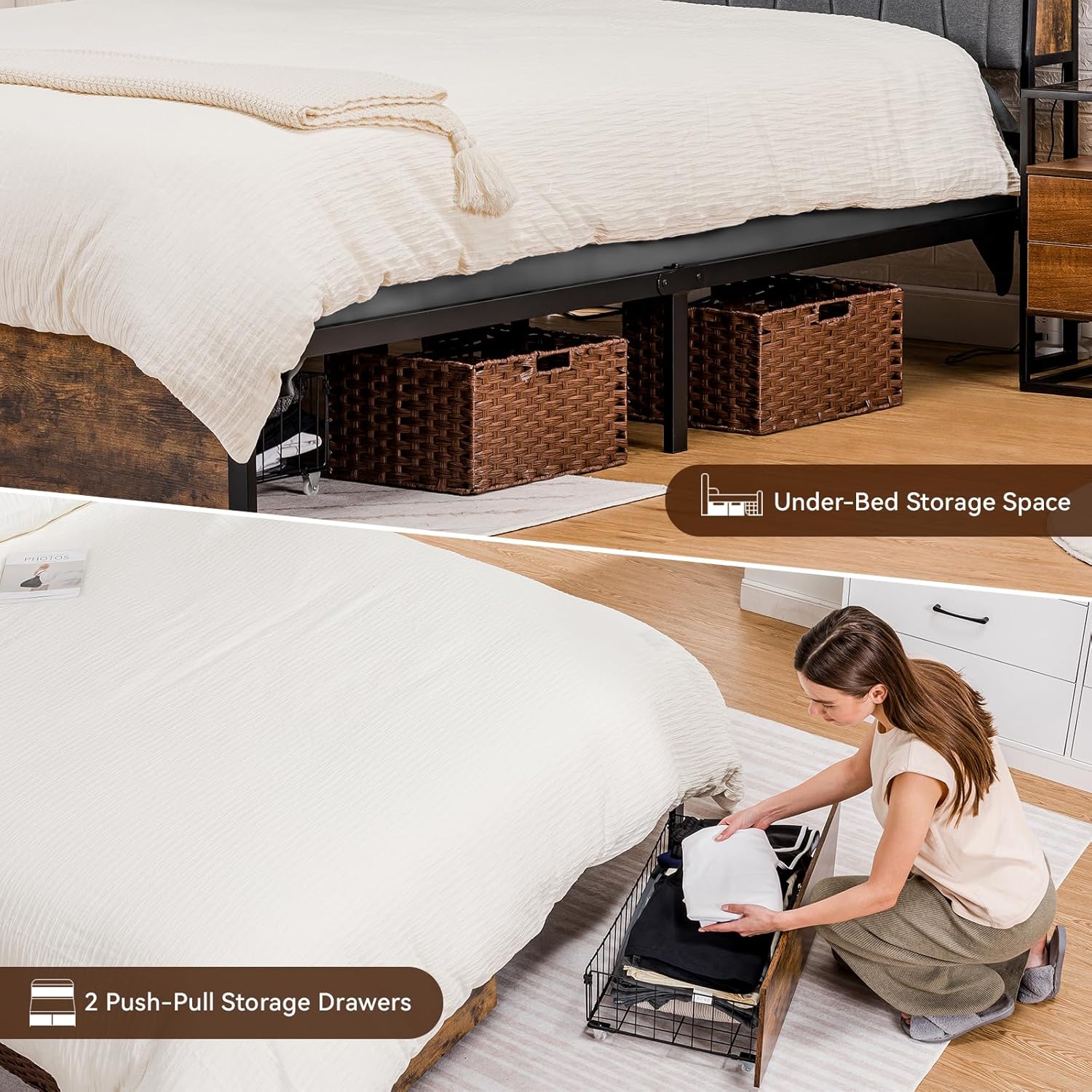 COMHOMA Bed Frame with 2 Storage Drawers & LED BF001