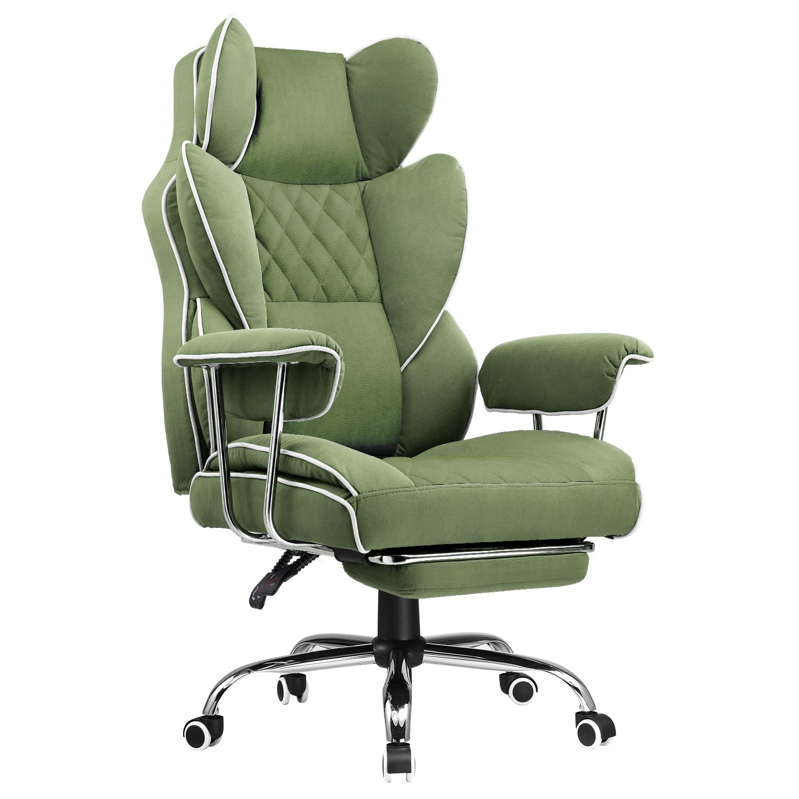 Green ergonomic office chair with quilted backrest, padded armrests, adjustable footrest, and chrome base with wheels, suitable for big and tall users in office settings.