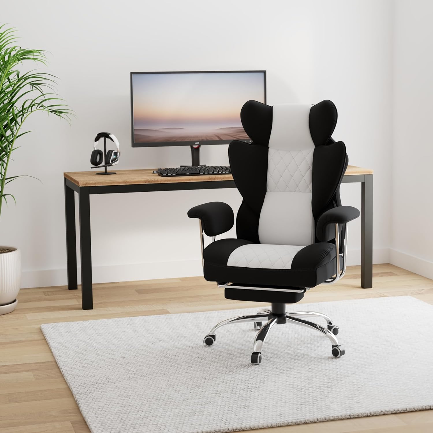 COMHOMA Leather Game & Office Chair with Lumbar Support & Adjustable Footrest GT205