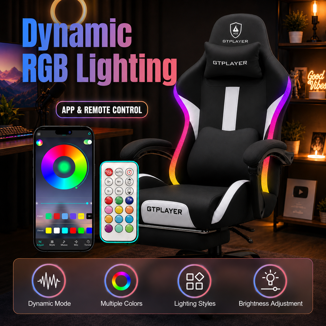 GTPLAYER fabric gaming chair with ergonomic design and built-in dynamic RGB lighting controlled by app and remote, shown in a home office setup with a phone and remote beside it.