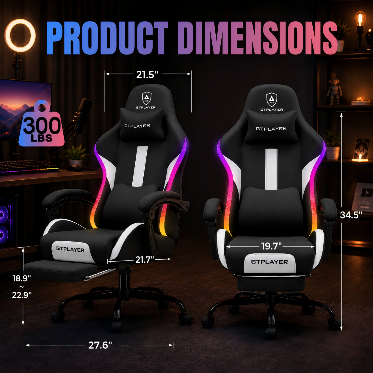 Two GTPLAYER fabric gaming chairs with footrests and LED lights shown with detailed product dimensions: 21.5 inches wide backrest, 21.7 inches wide seat, 27.6 inches base width, 34.5 inches height, and adjustable footrest height from 18.9 to 22.9 inches, supporting up to 300 lbs, displayed in a dark gaming room with modern lighting.