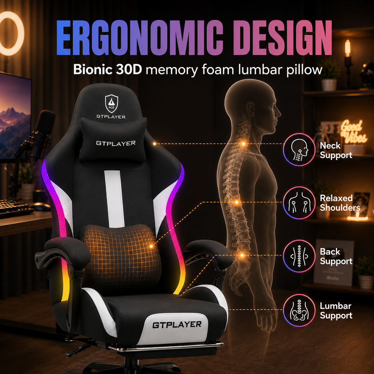 Ergonomic fabric gaming chair with bionic 30D memory foam lumbar pillow, highlighting neck support, relaxed shoulders, back support, and lumbar support in a home office setting.