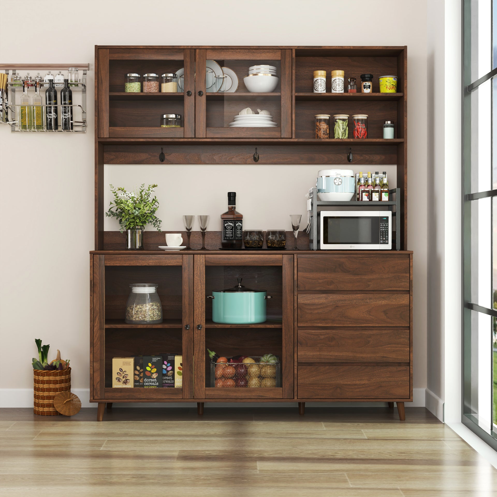 63' W Large Kitchen Hutch Cabinet, Freestanding Pantry Cabinets Storage Kitchen Cupboard with 4 Doors, 4 Drawers & Microwave Shelf, Walnut