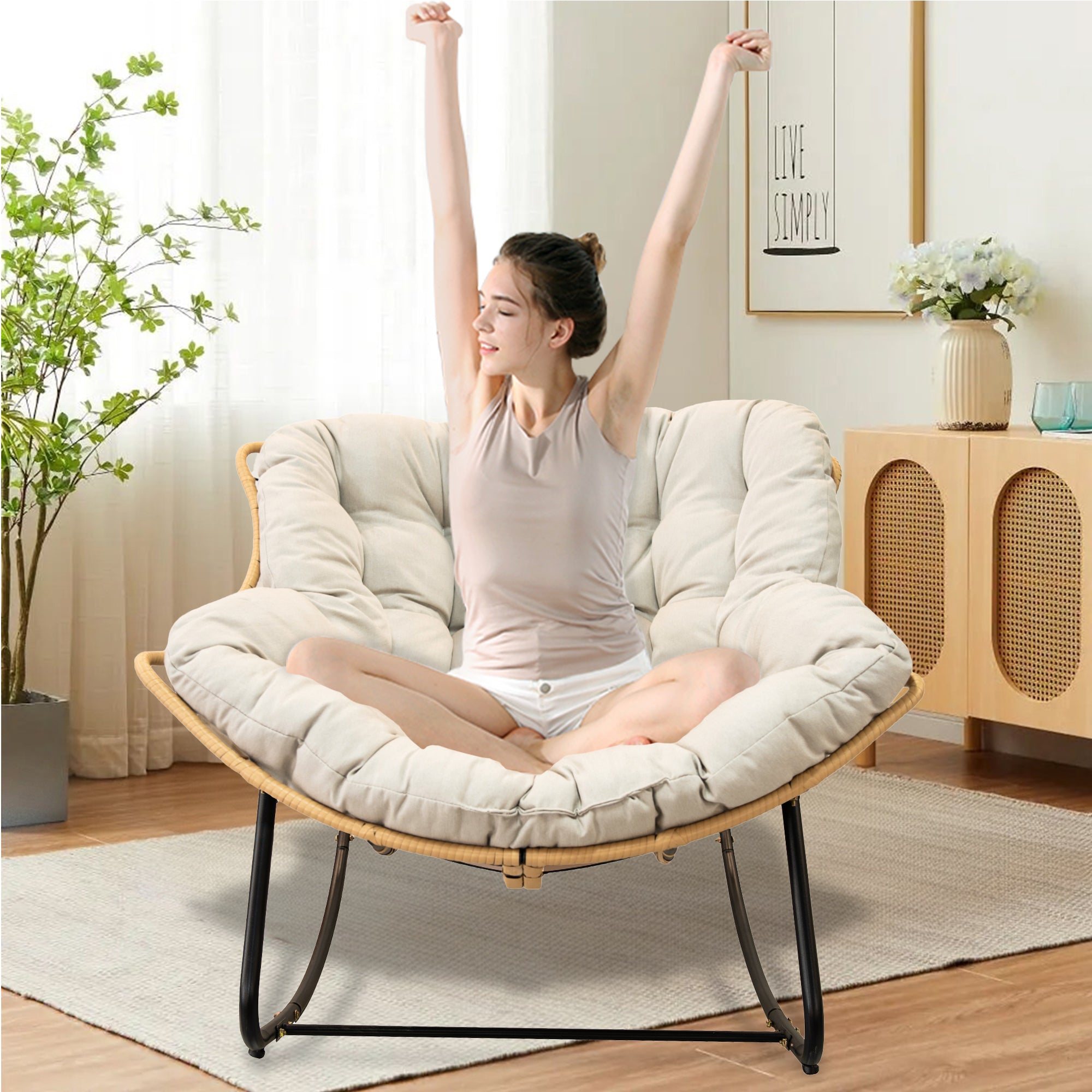 Larger Outdoor Rocking Chair, Patio Egg Rocking Chair, Indoor Papasan Chair, Rattan Wicker Lounge Chair, Modern Royal Chair for Bedroom, Living Room, Porch, Garden,Lawn-Beige