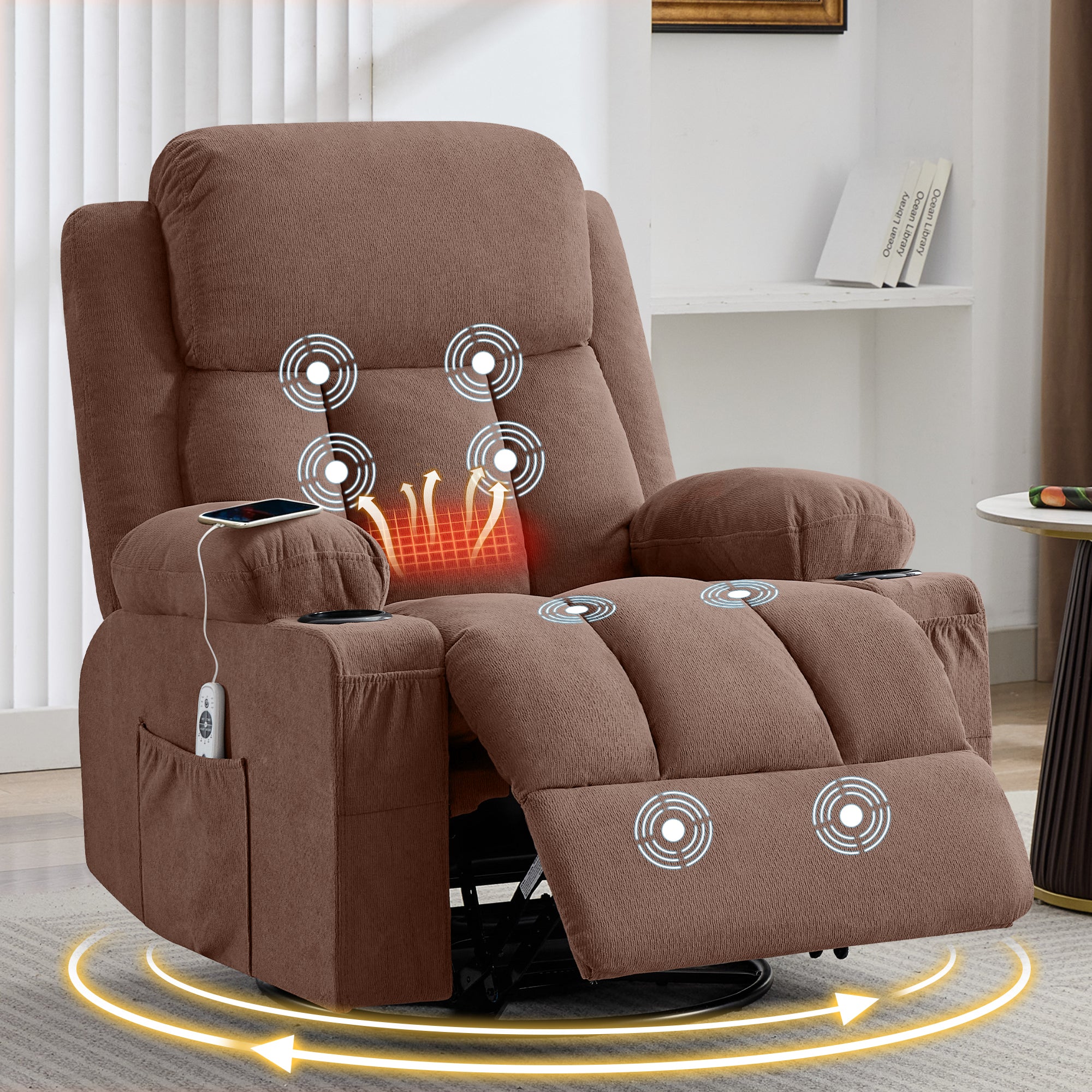 Swivel Rocker Recliner Chair with Vibration Massage and Heat for Living Room ,with Rocking Function and Side Pocket, USB Charge Port,2 cup holders