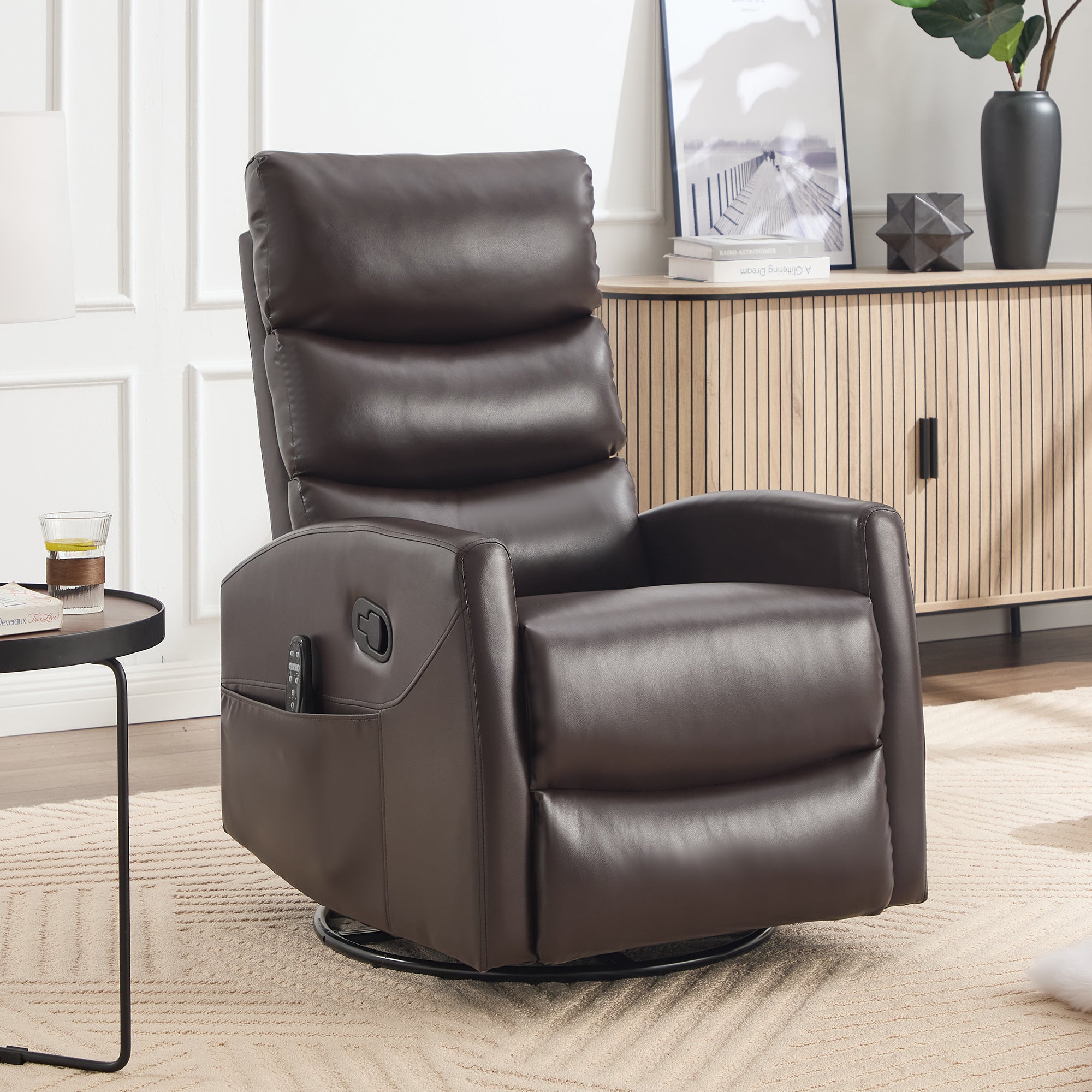 Heat Massage Manual Recliner Chair with Rocker and Swivel in Fabric for Living Room, Brown