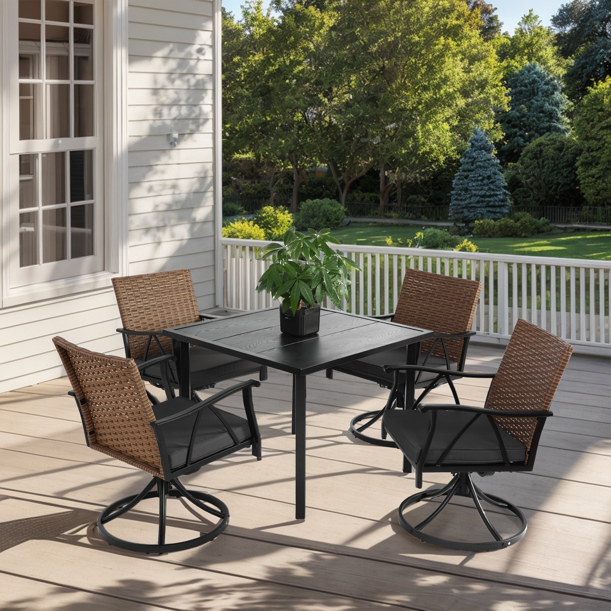 5 Piece Patio Dining Set for 4,Outdoor Wicker Furniture Set for Backyard Garden Deck Poolside with 4 Cushions Swivel Rocker Chairs,steel Table Top, Removable Cushions