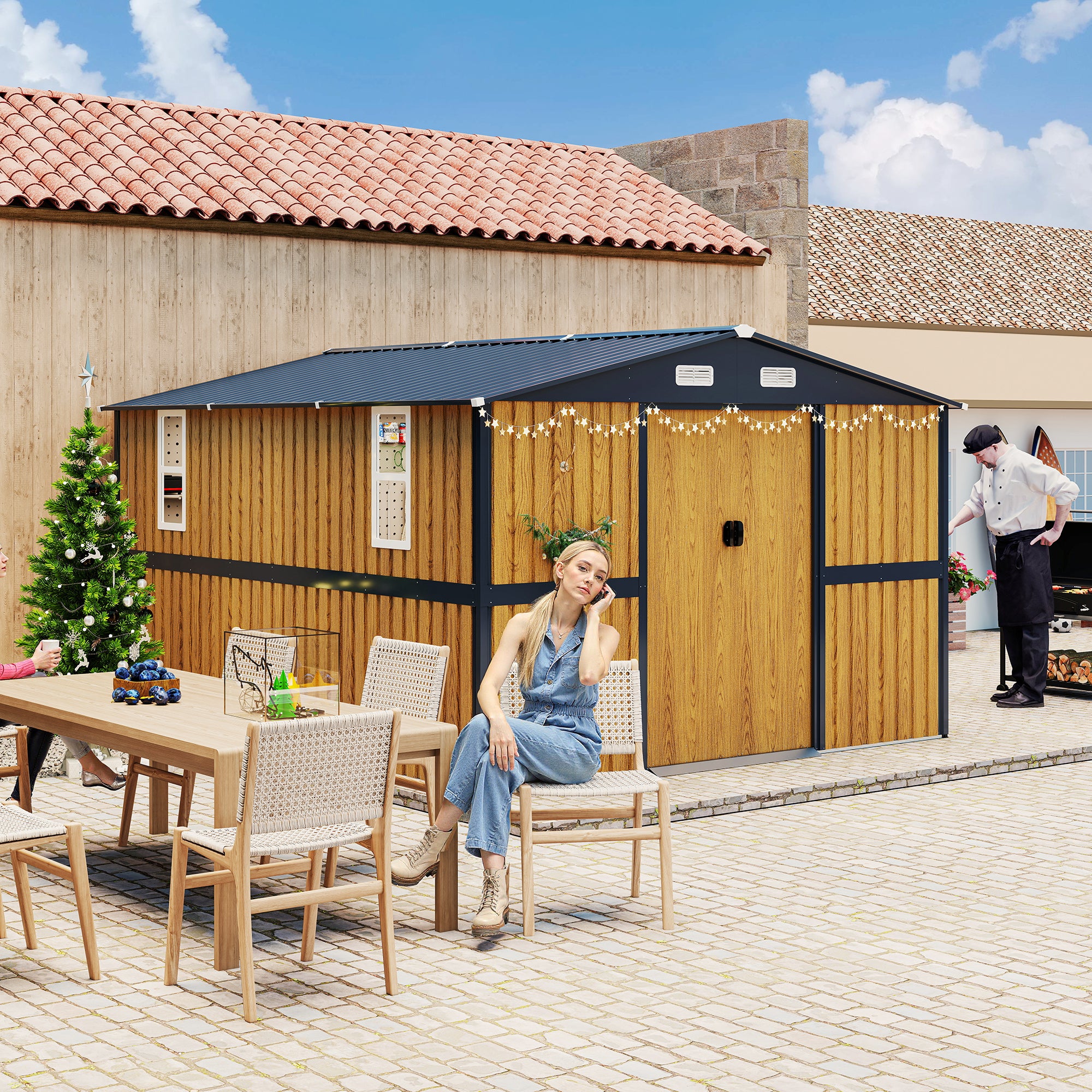 10X12 FT Outdoor Steel Storage Shed with Lockable Doors, 2 Windows, Garden Shed Ideal for Backyard, Patio Storage,Chicken Coop(Wood Panels & Frame Floor Not Included)