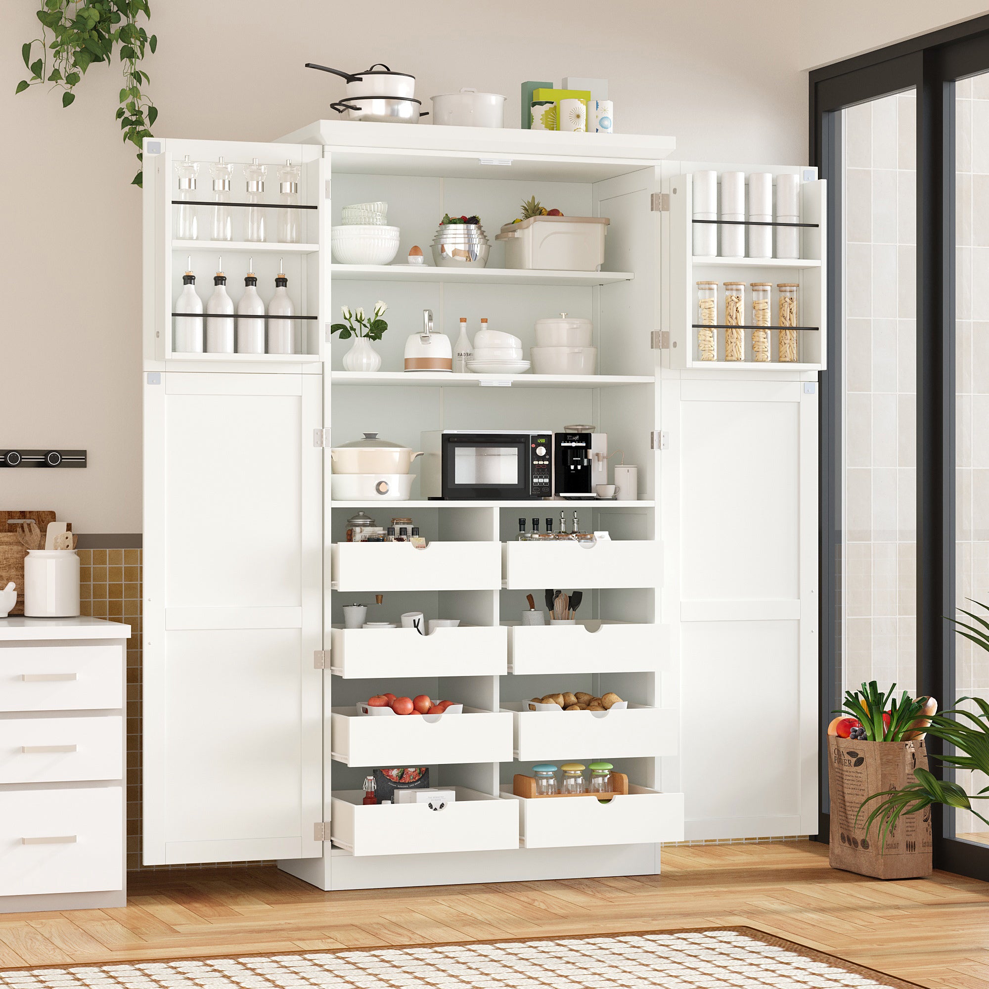 White freestanding tall kitchen pantry cabinet with multiple open shelves, pull-out trays, and four doors, displaying jars, pots, a microwave, and kitchen essentials in a bright dining space.